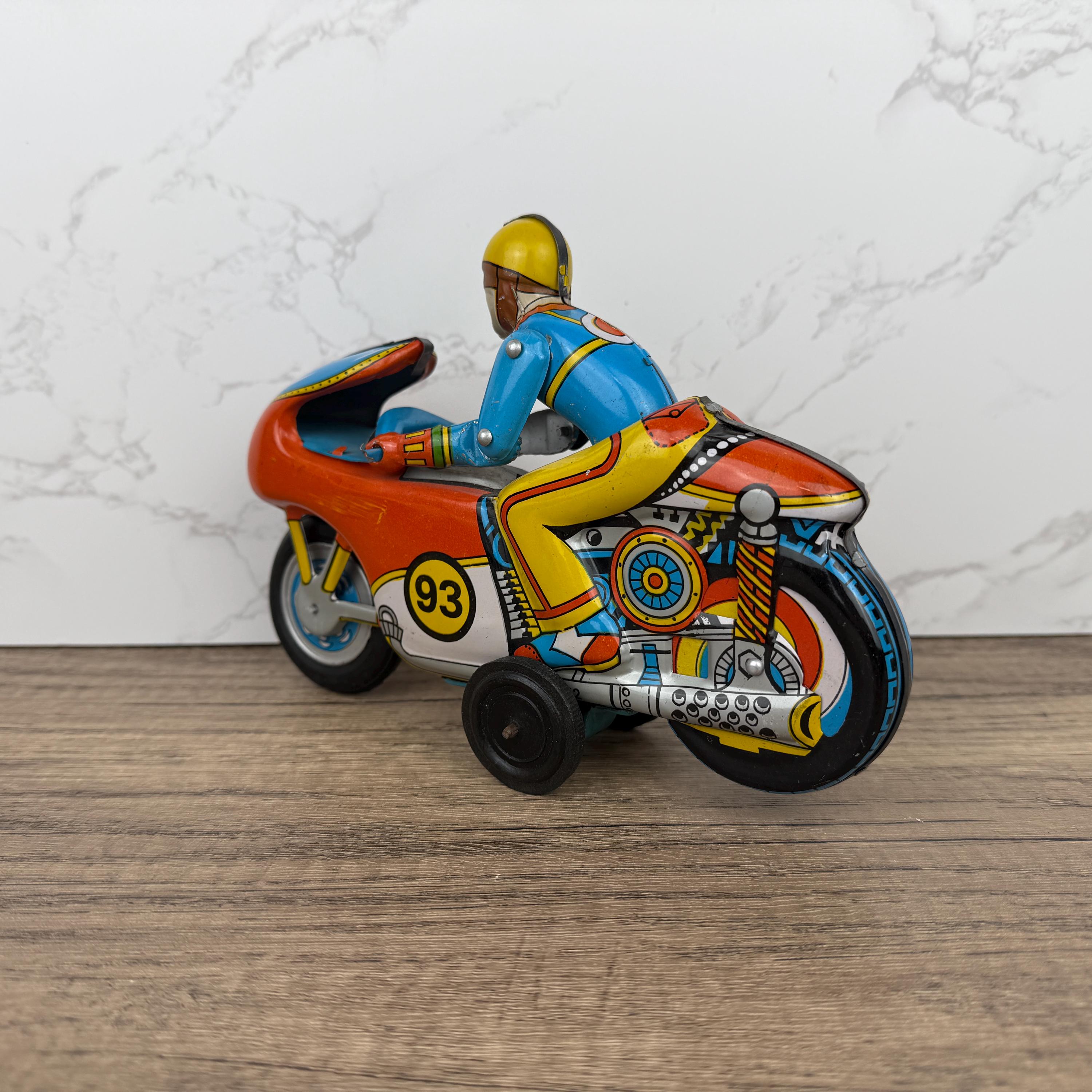 1970s Orient Exports Tin Motorcycle, Working Vintage Toy
