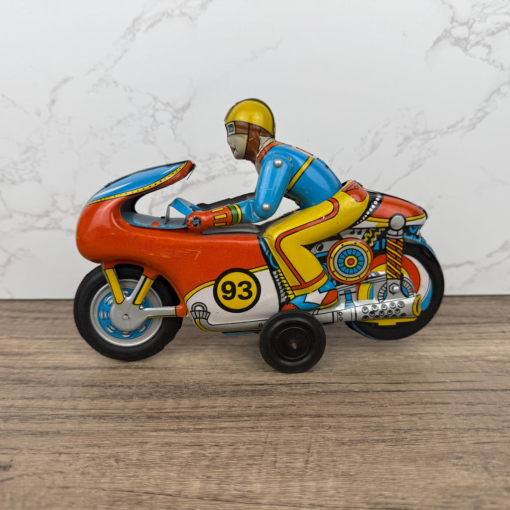 1970s Orient Exports Tin Motorcycle, Working Vintage Toy
