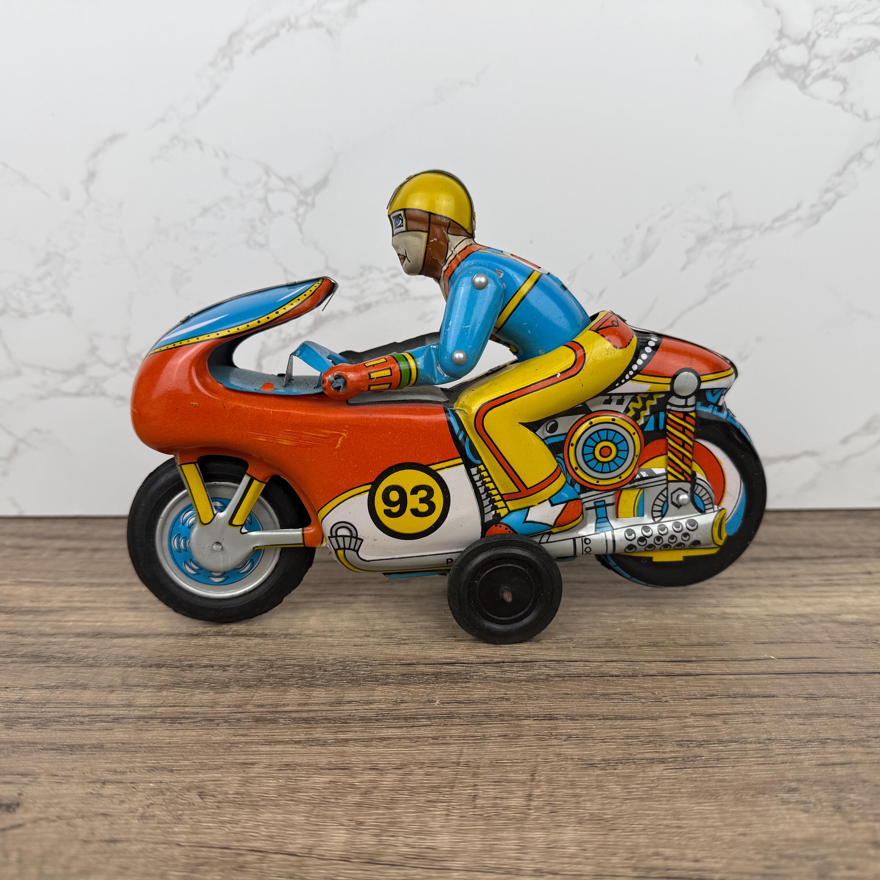 1970s Orient Exports Tin Motorcycle, Working Vintage Toy