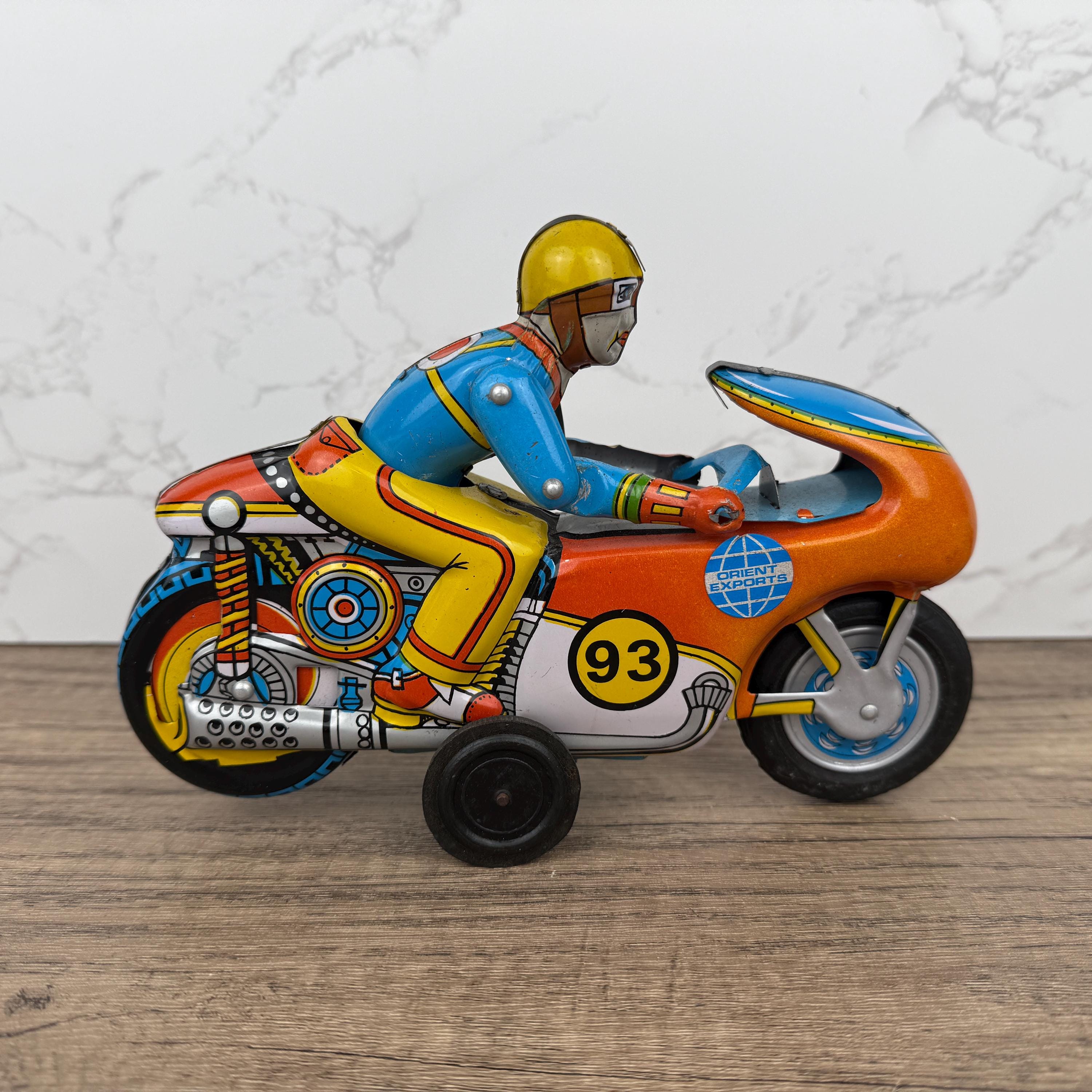 1970s Orient Exports Tin Motorcycle, Working Vintage Toy