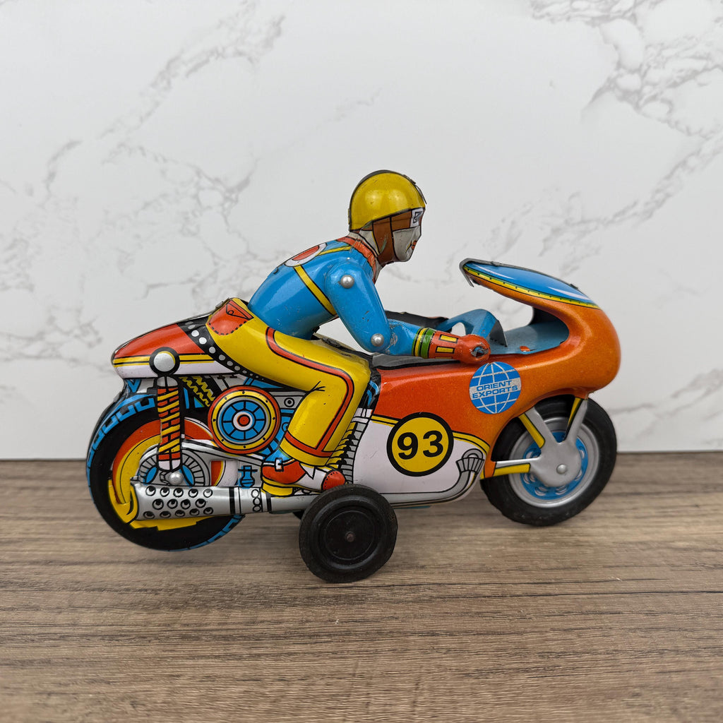 1970s Orient Exports Tin Motorcycle, Working Vintage Toy