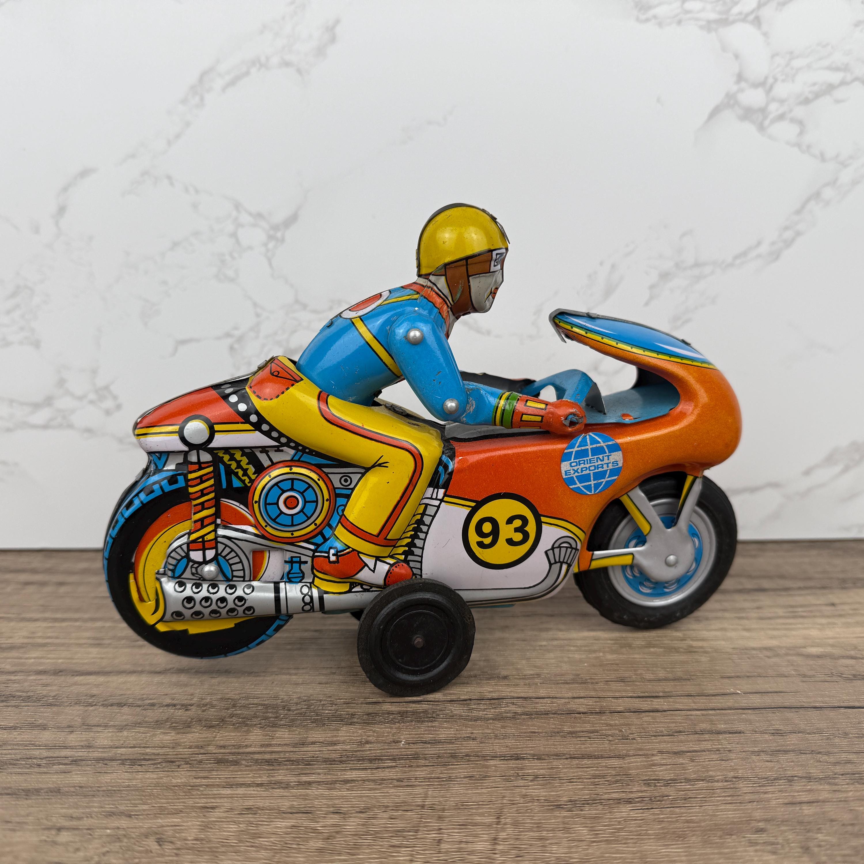1970s Orient Exports Tin Motorcycle, Working Vintage Toy