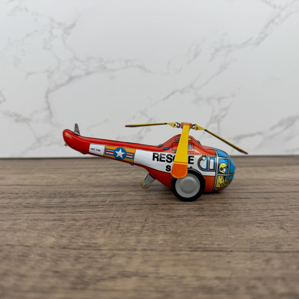 Vintage Tinplate Rescue Helicopter Toy, Retro Collectible (NO KEY)