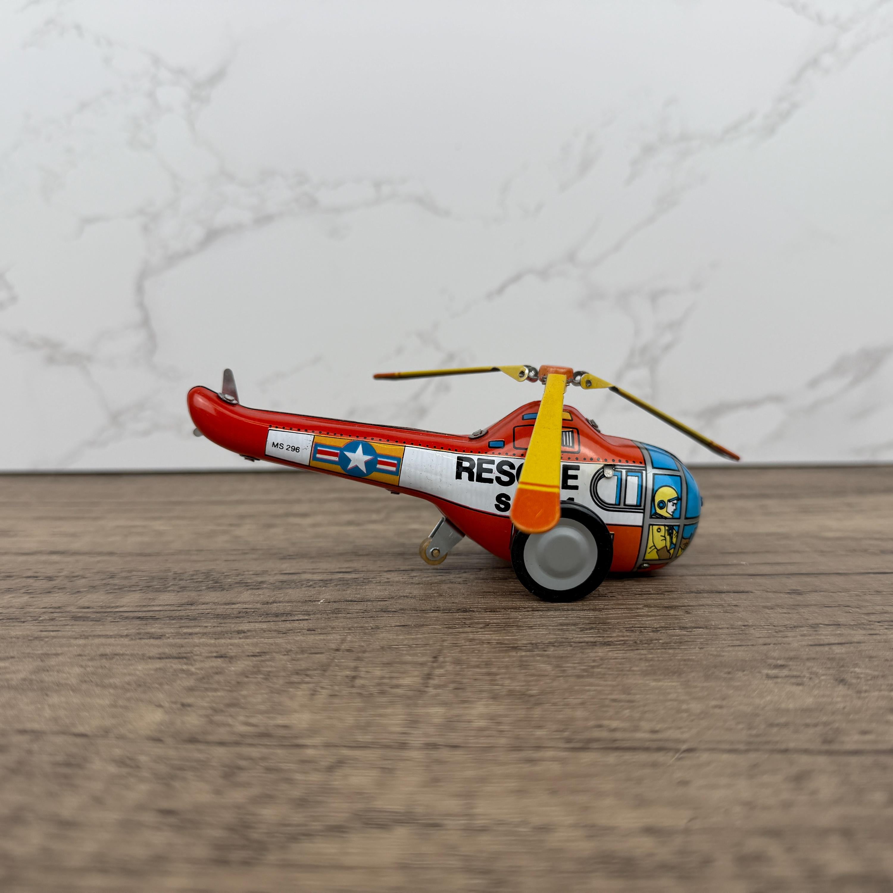 Vintage Tinplate Rescue Helicopter Toy, Retro Collectible (NO KEY)
