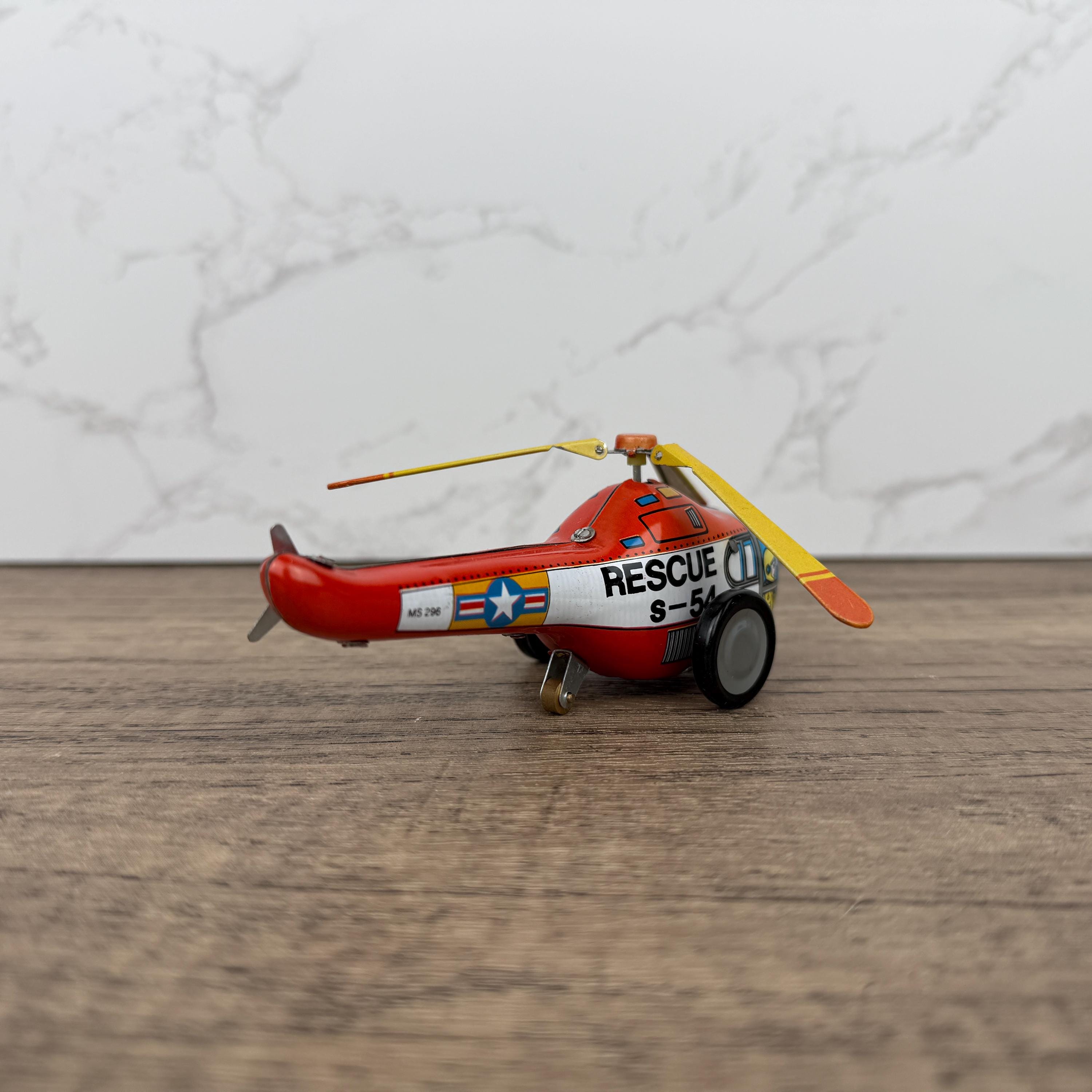 Vintage Tinplate Rescue Helicopter Toy, Retro Collectible (NO KEY)