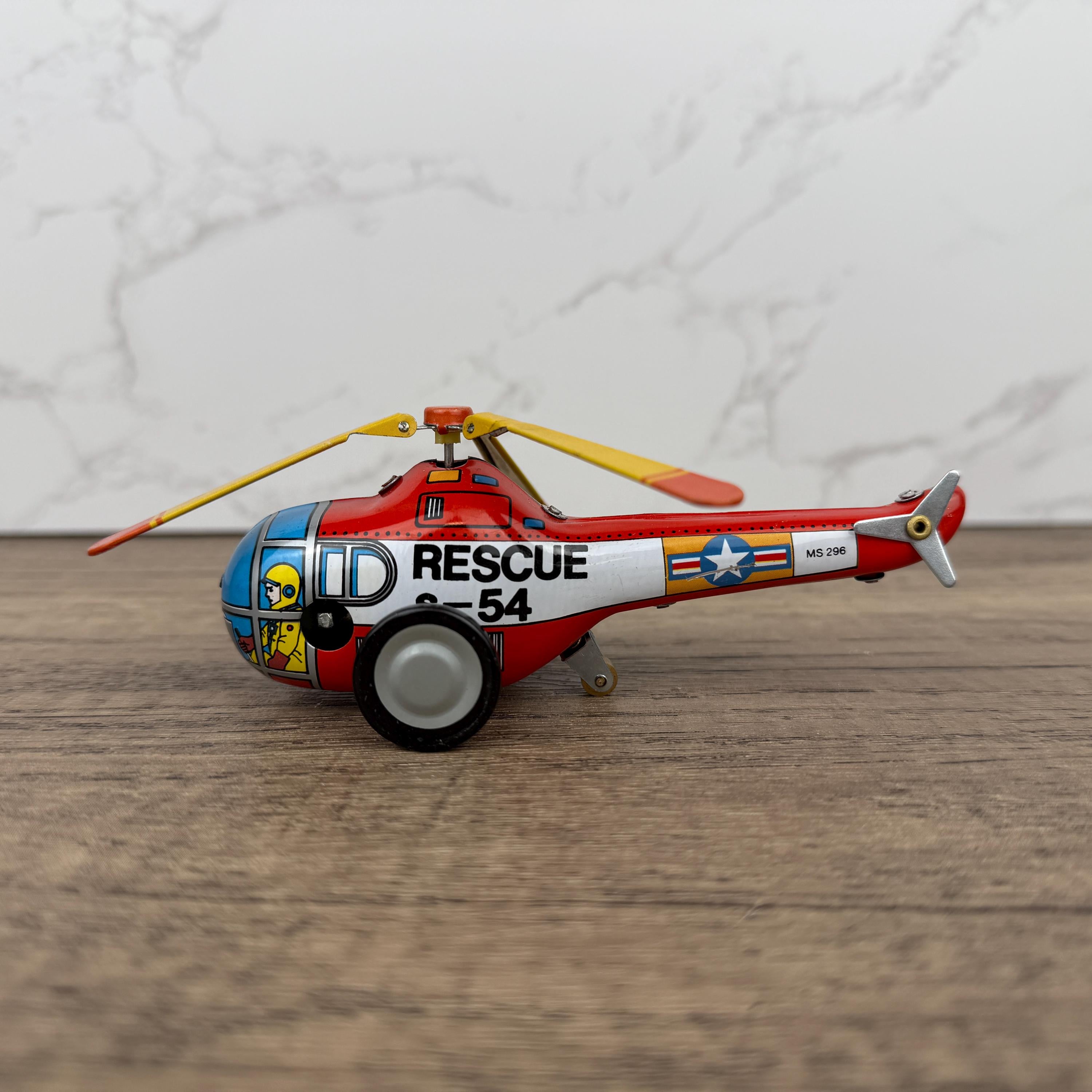 Vintage Tinplate Rescue Helicopter Toy, Retro Collectible (NO KEY)