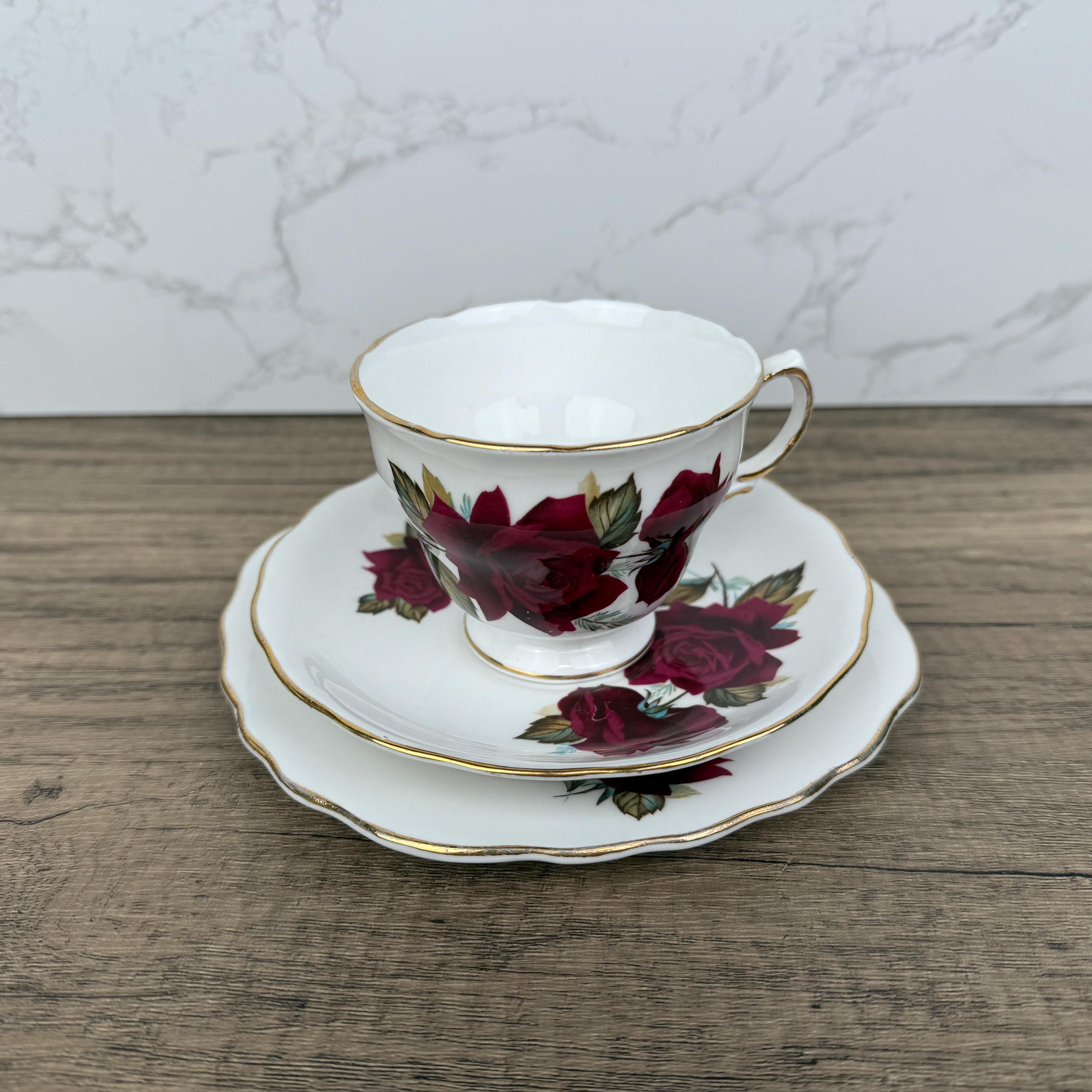 Royal Vale Bone China Tea Cup Trio, Red Rose, Made in England