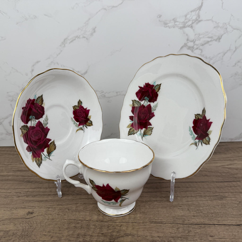 Royal Vale Bone China Tea Cup Trio, Red Rose, Made in England
