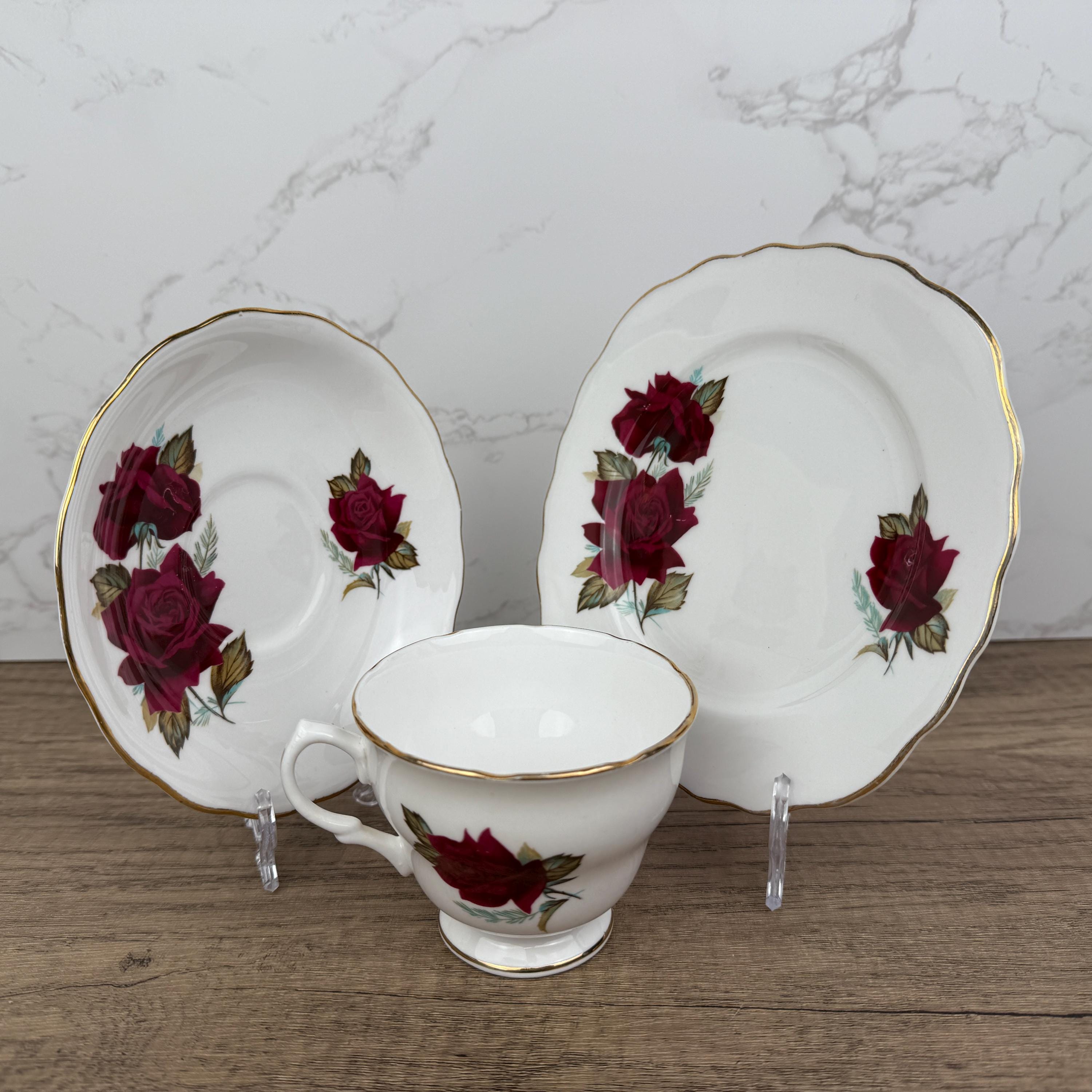 Royal Vale Bone China Tea Cup Trio, Red Rose, Made in England