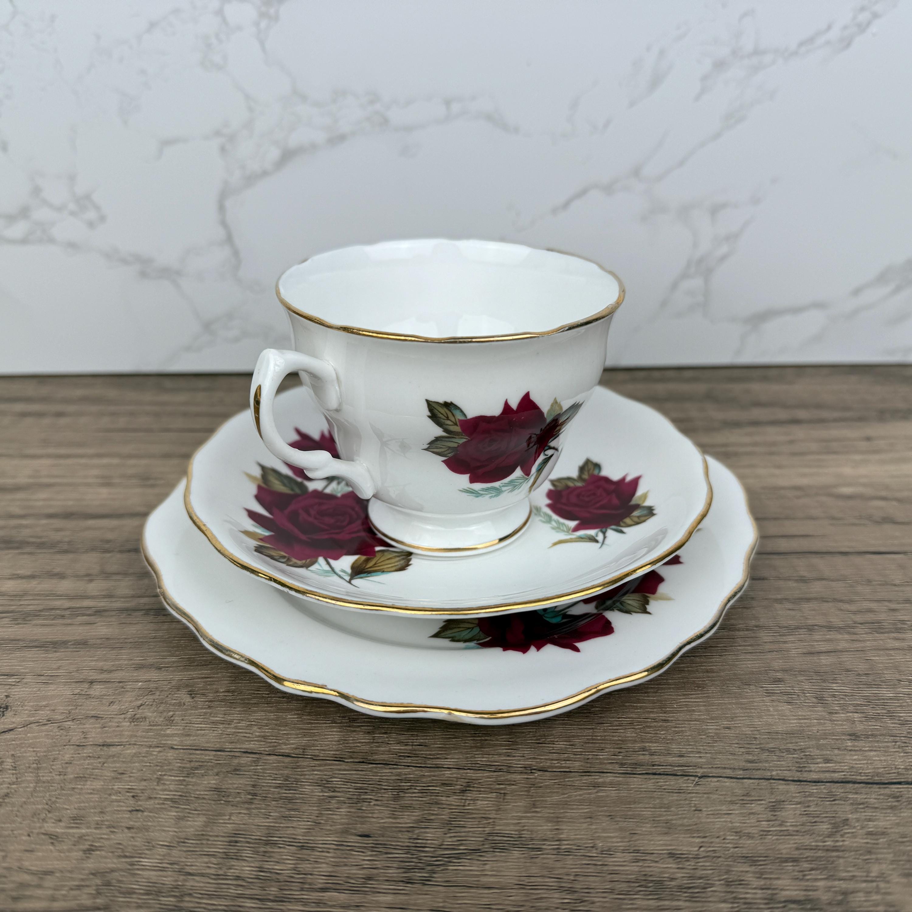 Royal Vale Bone China Tea Cup Trio, Red Rose, Made in England
