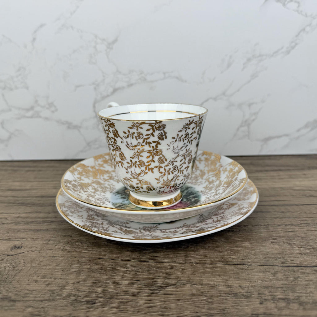 Vintage Aynsley Bone China Trio, Regency Couple, 22 ct Gold Tea Cup