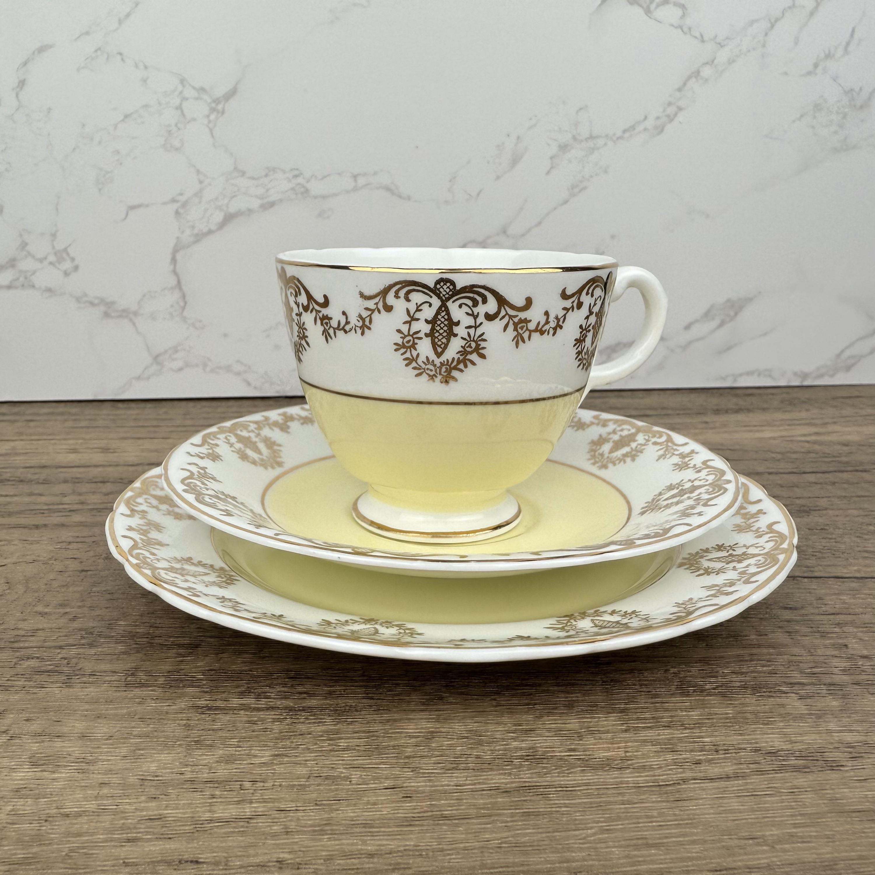 Vintage Cream & Gold Bone China Tea Cup Trio, Housewarming Gift
