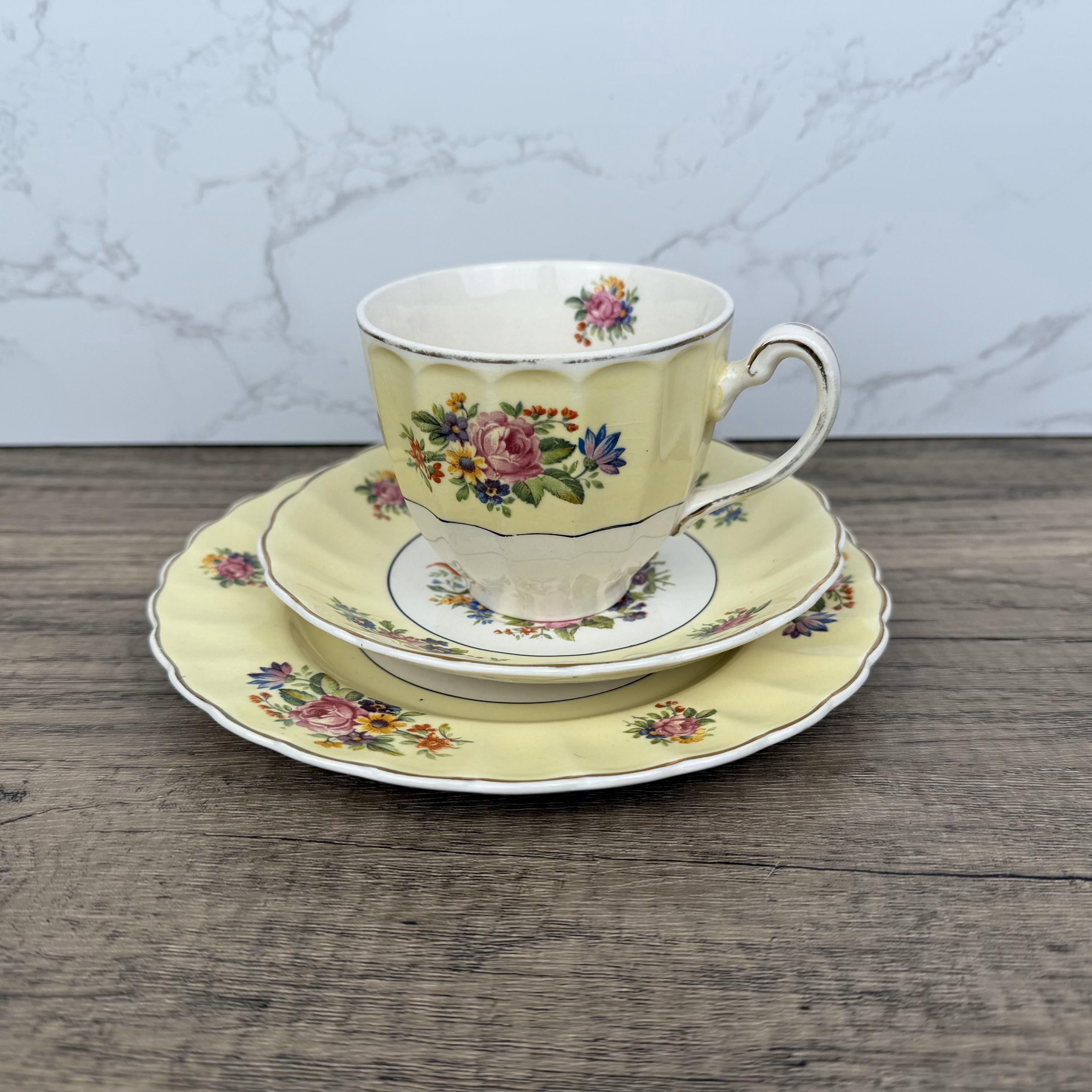 Vintage Edinburgh Castle Porcelain Tea Cup Trio, Floral Tea Set
