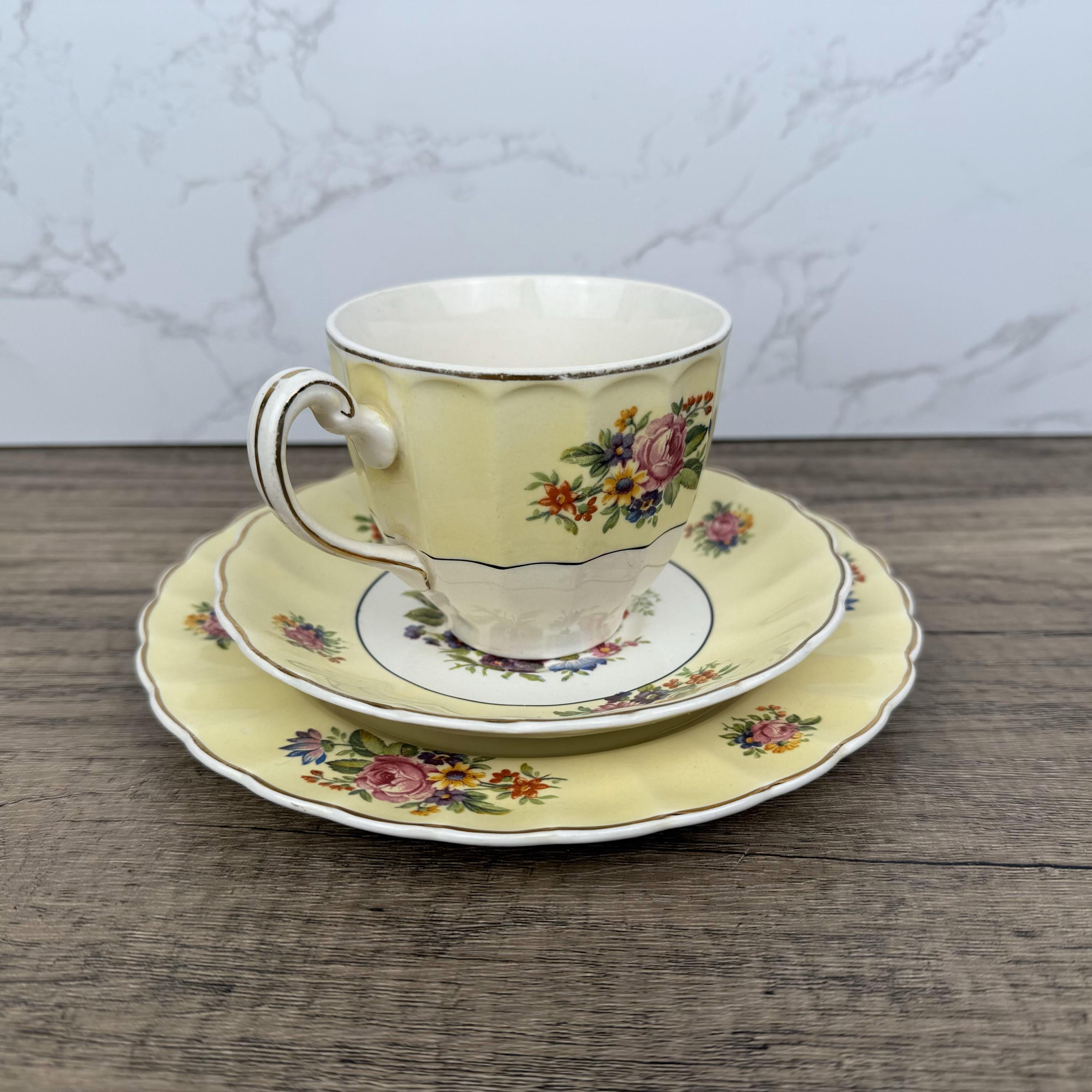 Vintage Edinburgh Castle Porcelain Tea Cup Trio, Floral Tea Set