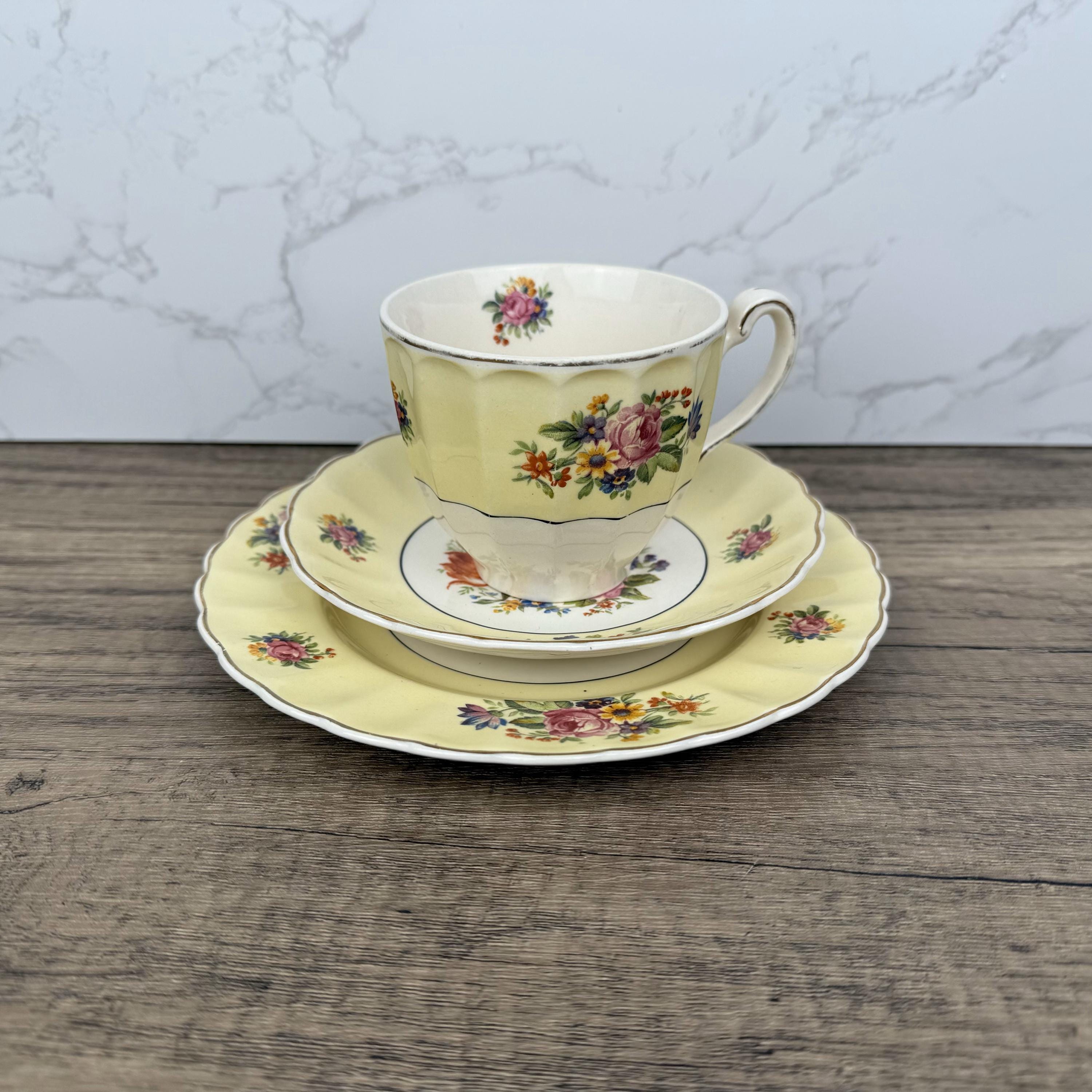 Vintage Edinburgh Castle Porcelain Tea Cup Trio, Floral Tea Set