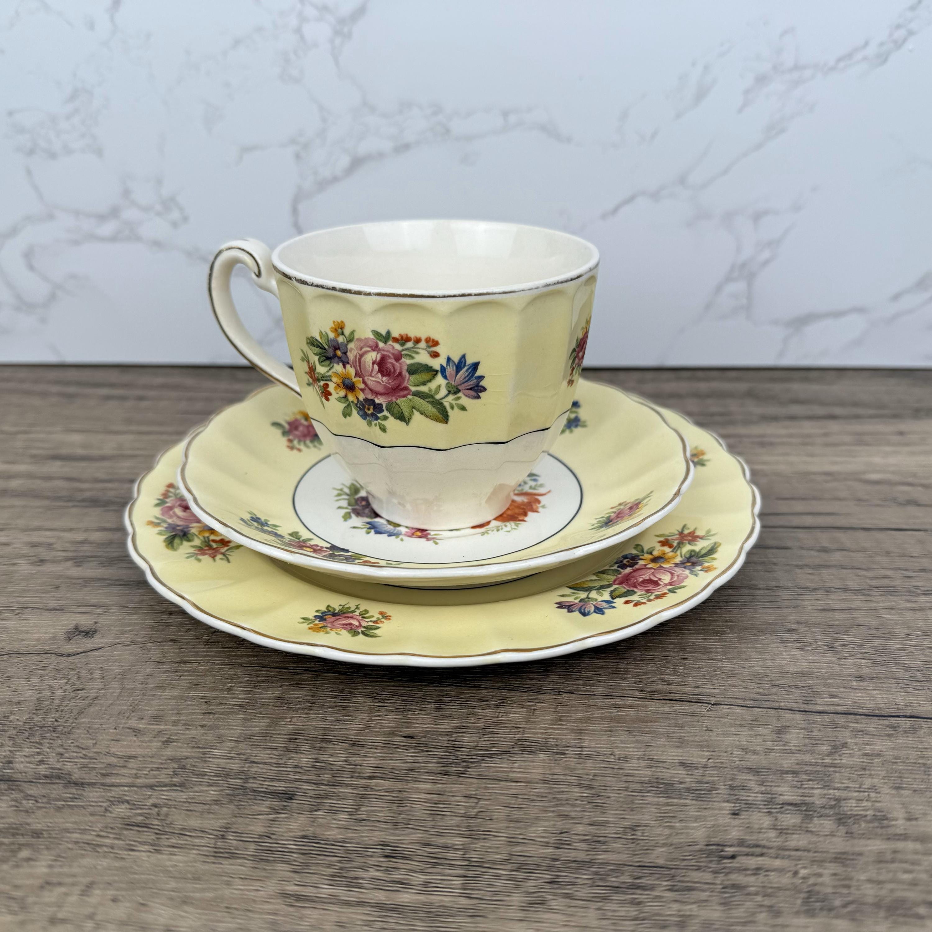 Vintage Edinburgh Castle Porcelain Tea Cup Trio, Floral Tea Set