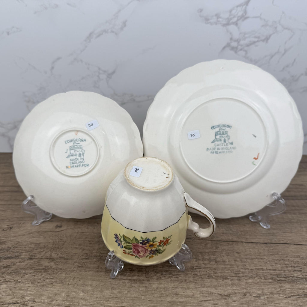 Vintage Edinburgh Castle Porcelain Tea Cup Trio, Floral Tea Set