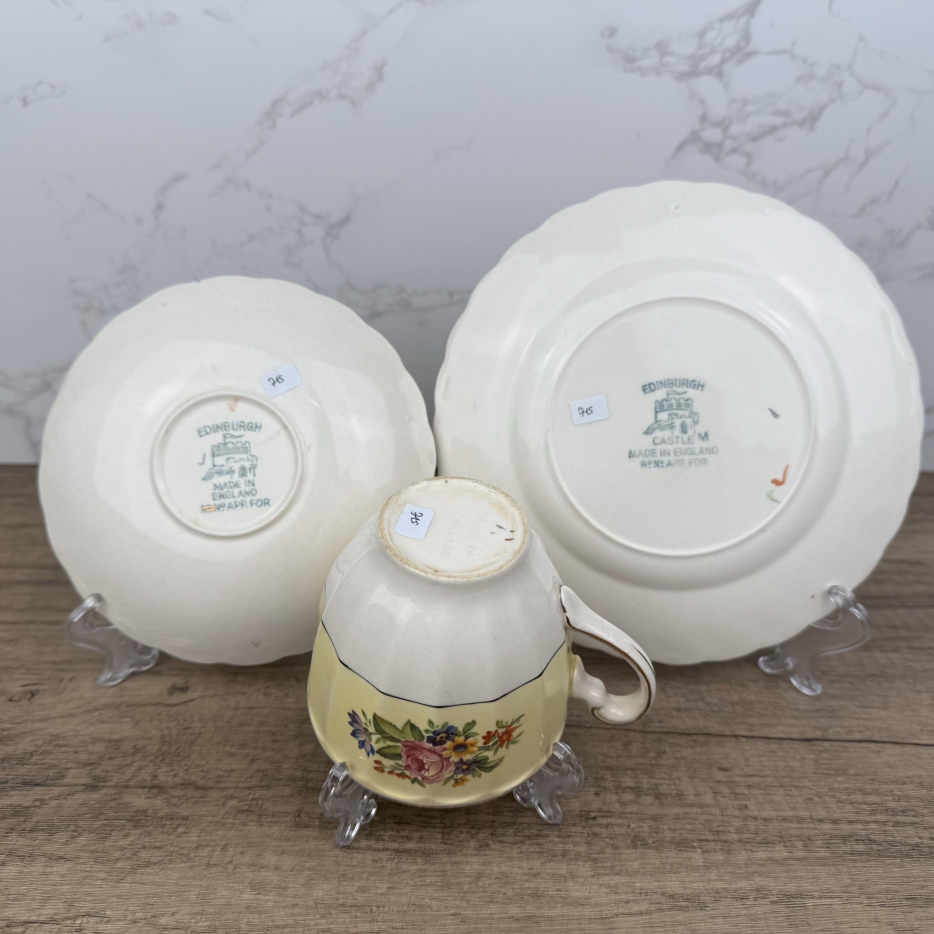 Vintage Edinburgh Castle Porcelain Tea Cup Trio, Floral Tea Set