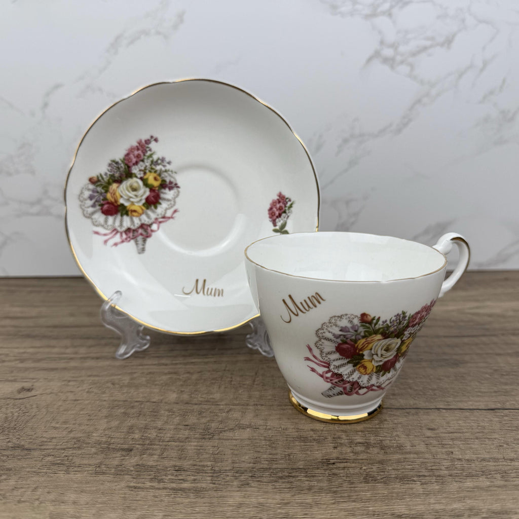 Vintage Argyle Bone China Tea Cup and Saucer, "Mum" Floral Design