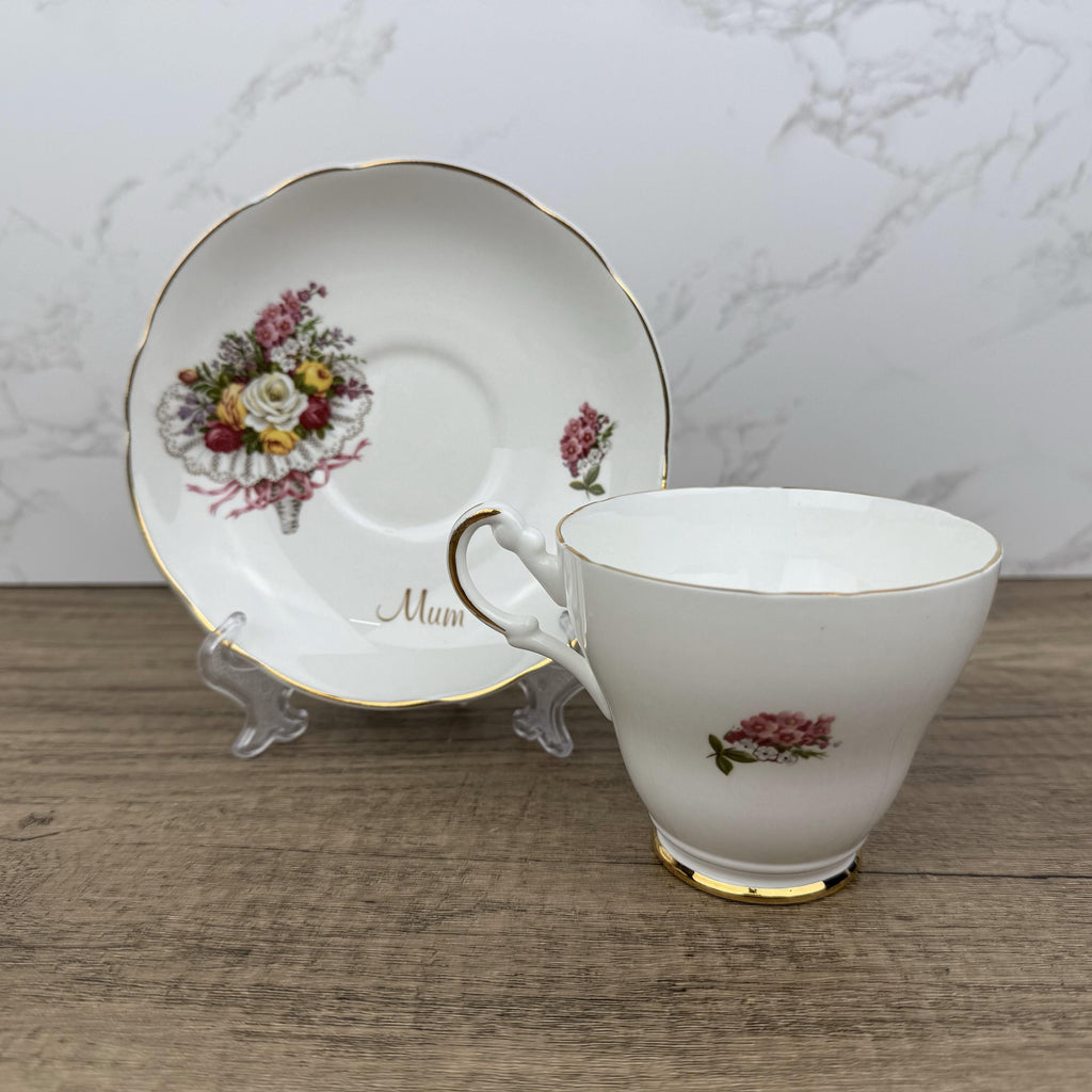 Vintage Argyle Bone China Tea Cup and Saucer, "Mum" Floral Design