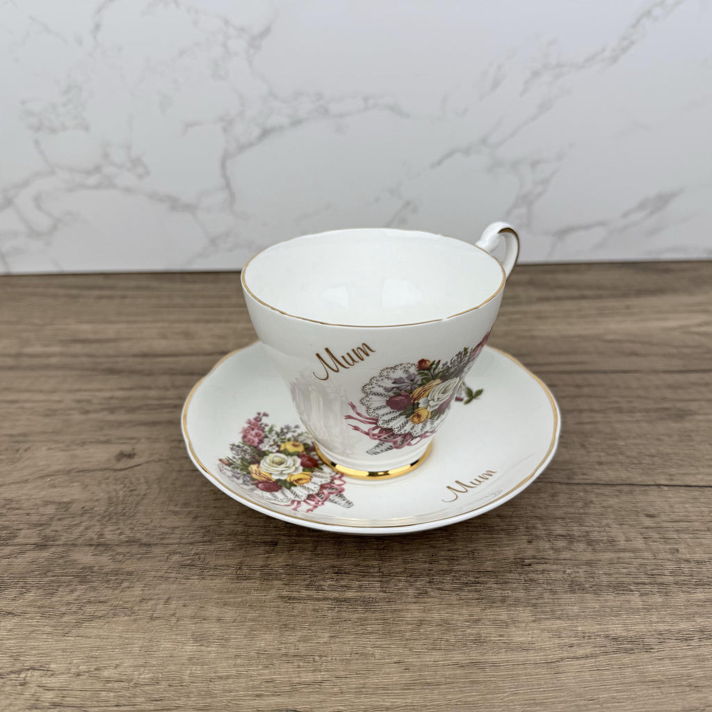 Vintage Argyle Bone China Tea Cup and Saucer, "Mum" Floral Design