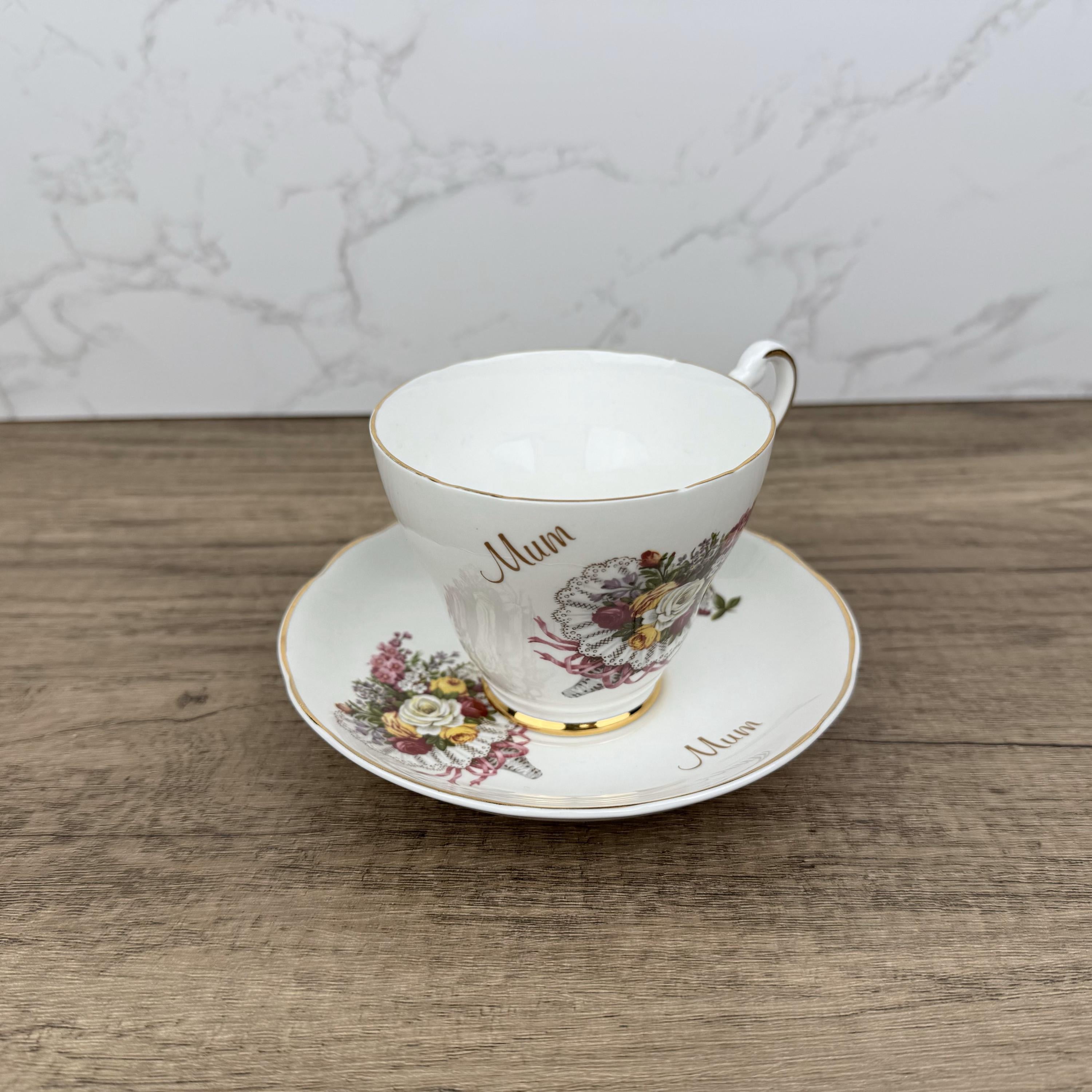Vintage Argyle Bone China Tea Cup and Saucer, "Mum" Floral Design