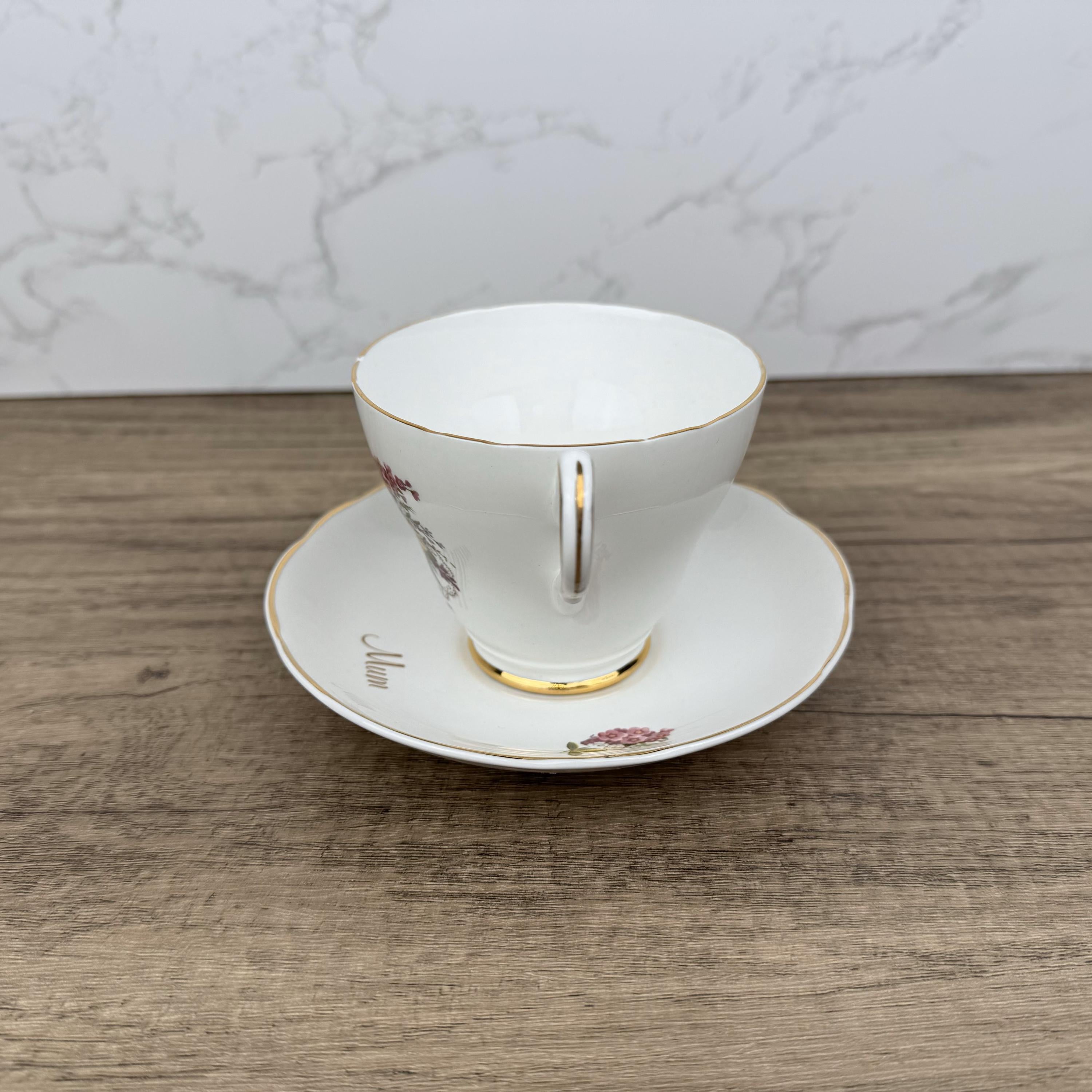 Vintage Argyle Bone China Tea Cup and Saucer, "Mum" Floral Design
