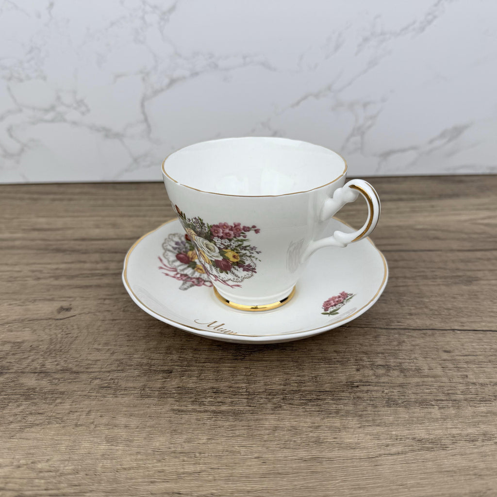 Vintage Argyle Bone China Tea Cup and Saucer, "Mum" Floral Design