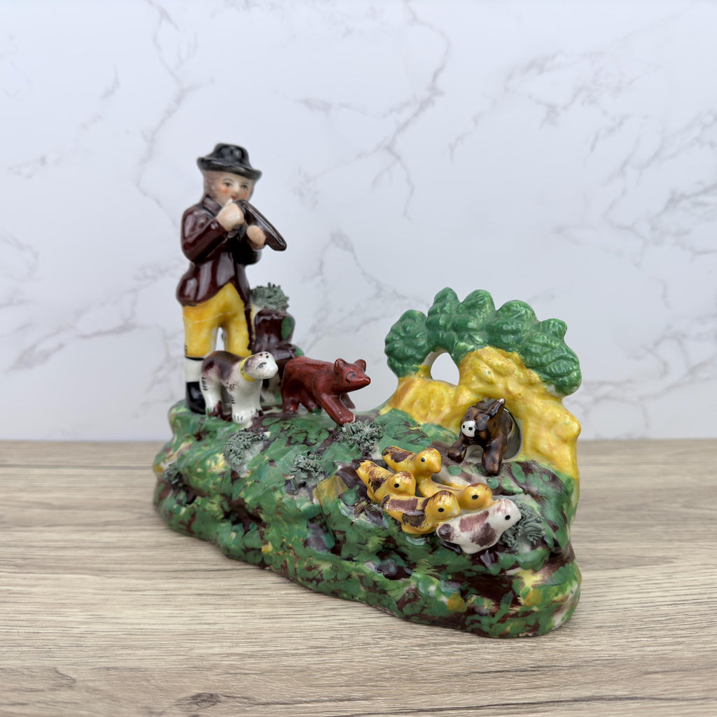 Vintage Staffordshire Style Flat Back, Hunting Scene Ornament (REPAIRED)