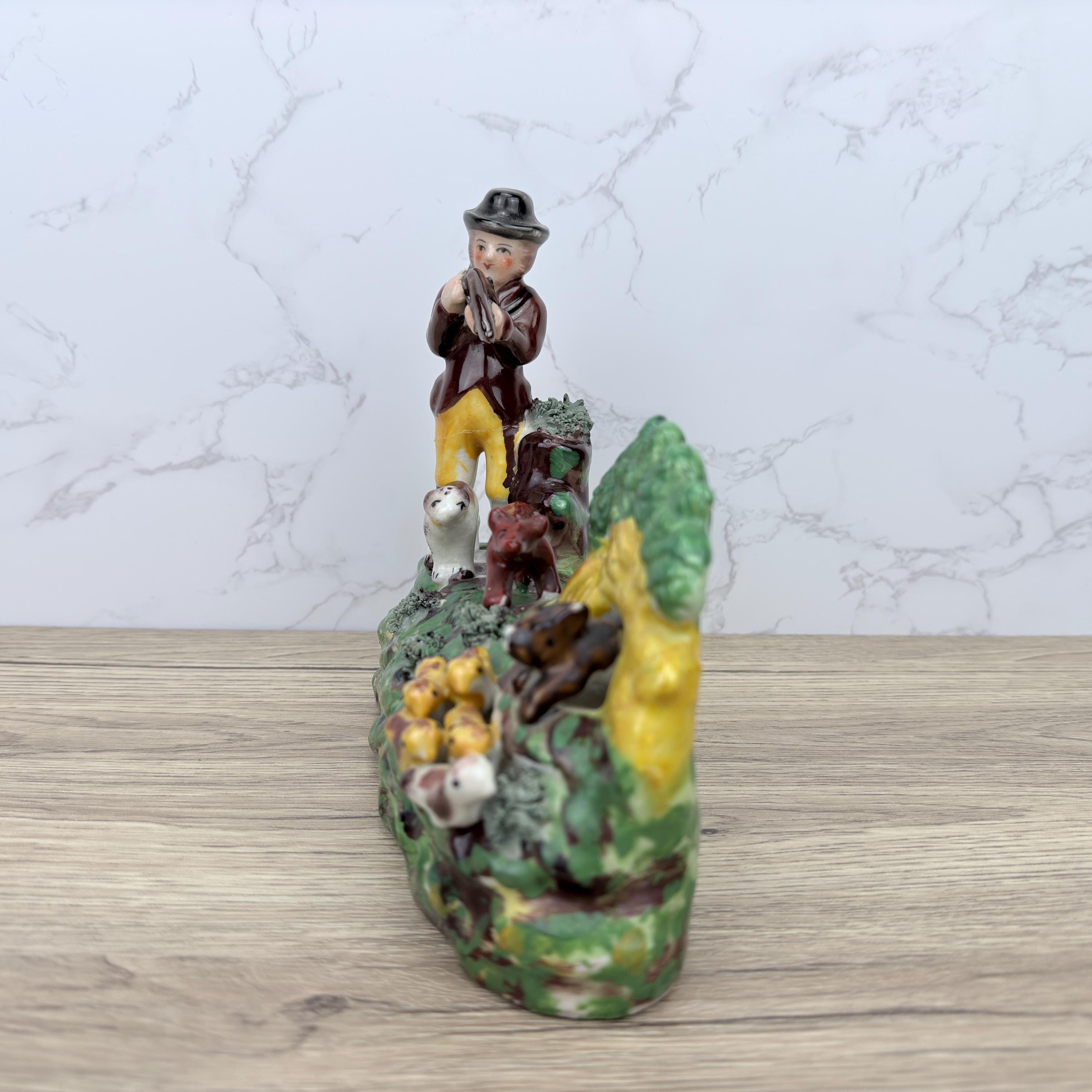 Vintage Staffordshire Style Flat Back, Hunting Scene Ornament (REPAIRED)