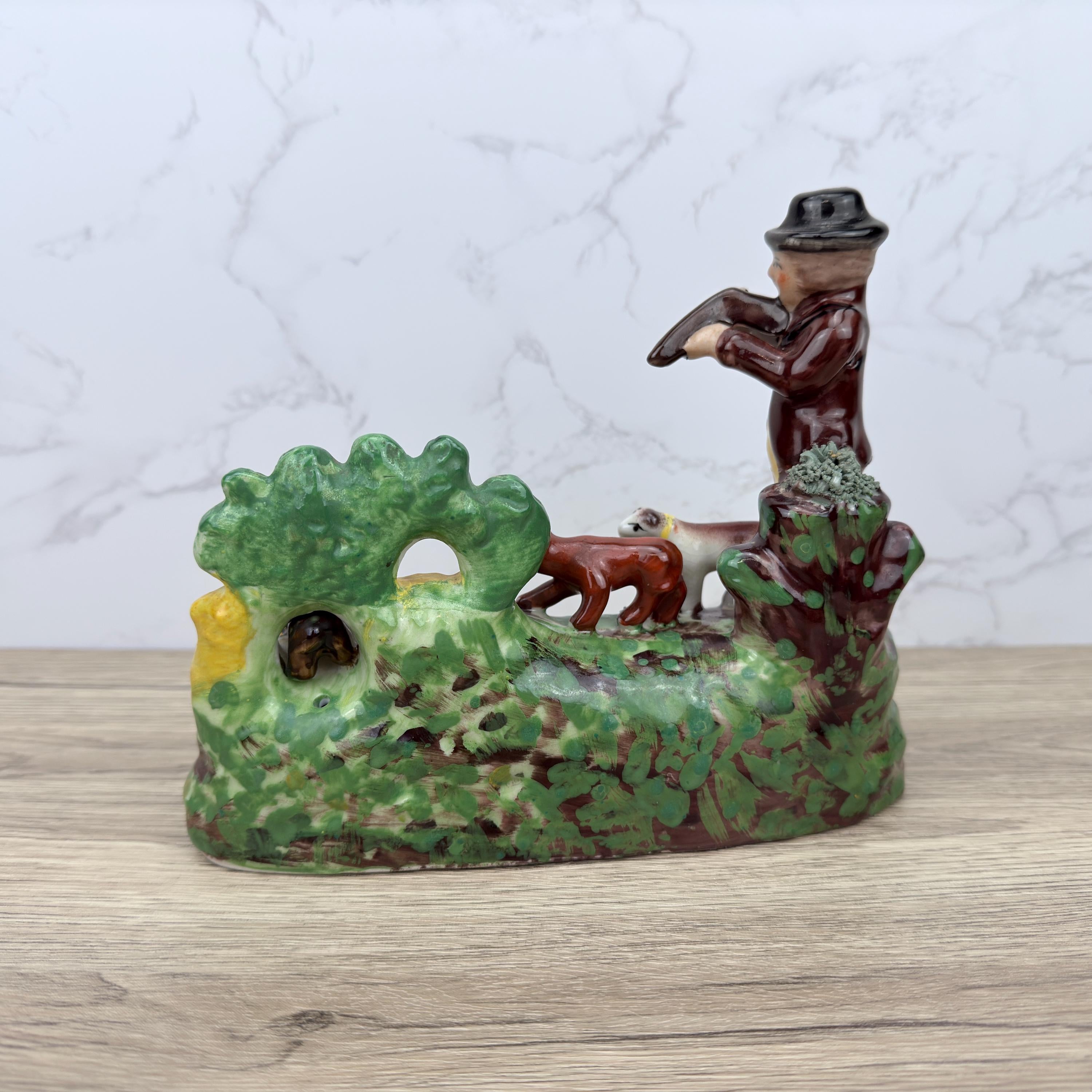 Vintage Staffordshire Style Flat Back, Hunting Scene Ornament (REPAIRED)