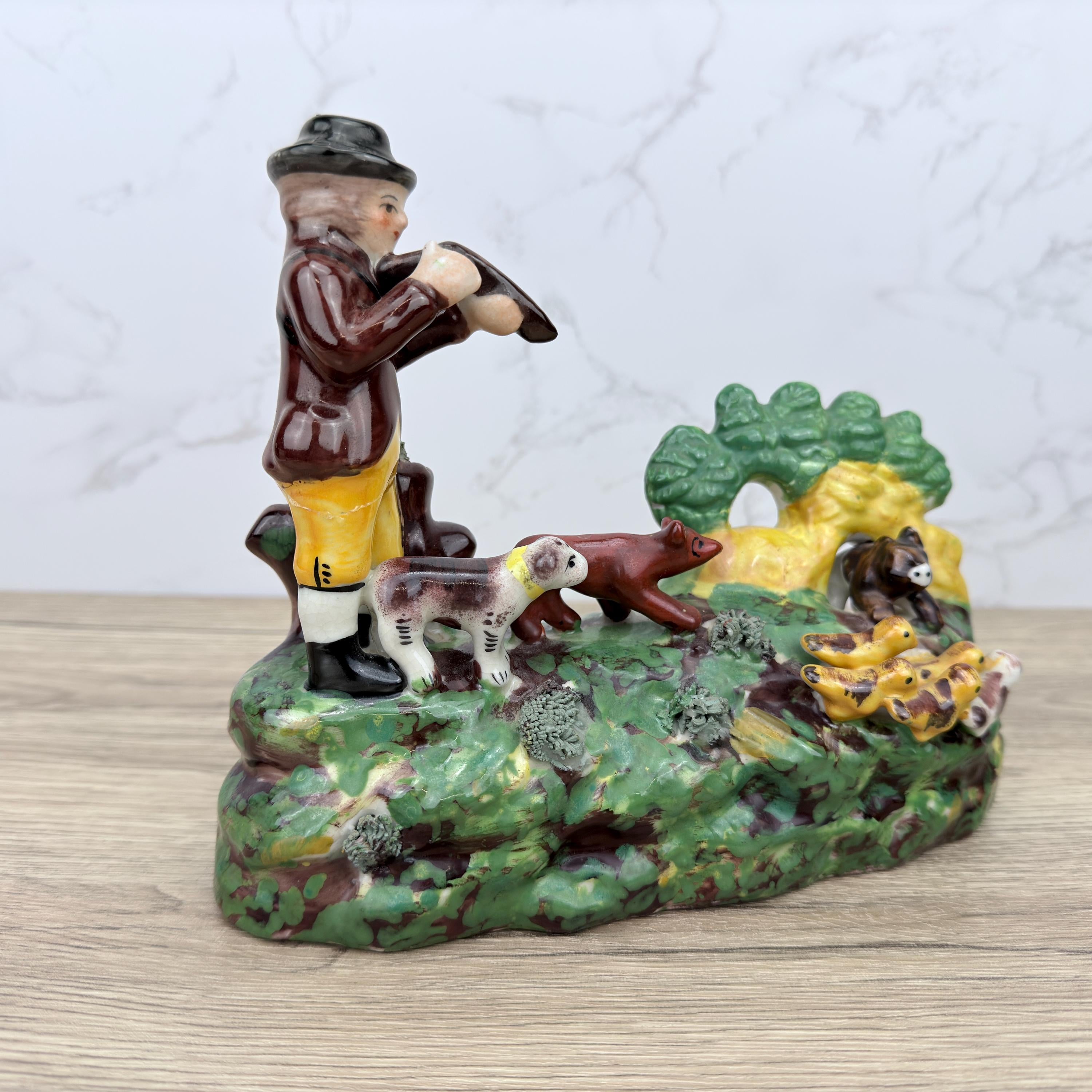 Vintage Staffordshire Style Flat Back, Hunting Scene Ornament (REPAIRED)