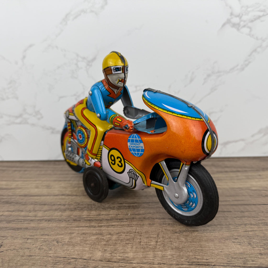 1970s Orient Exports Tin Motorcycle, Working Vintage Toy