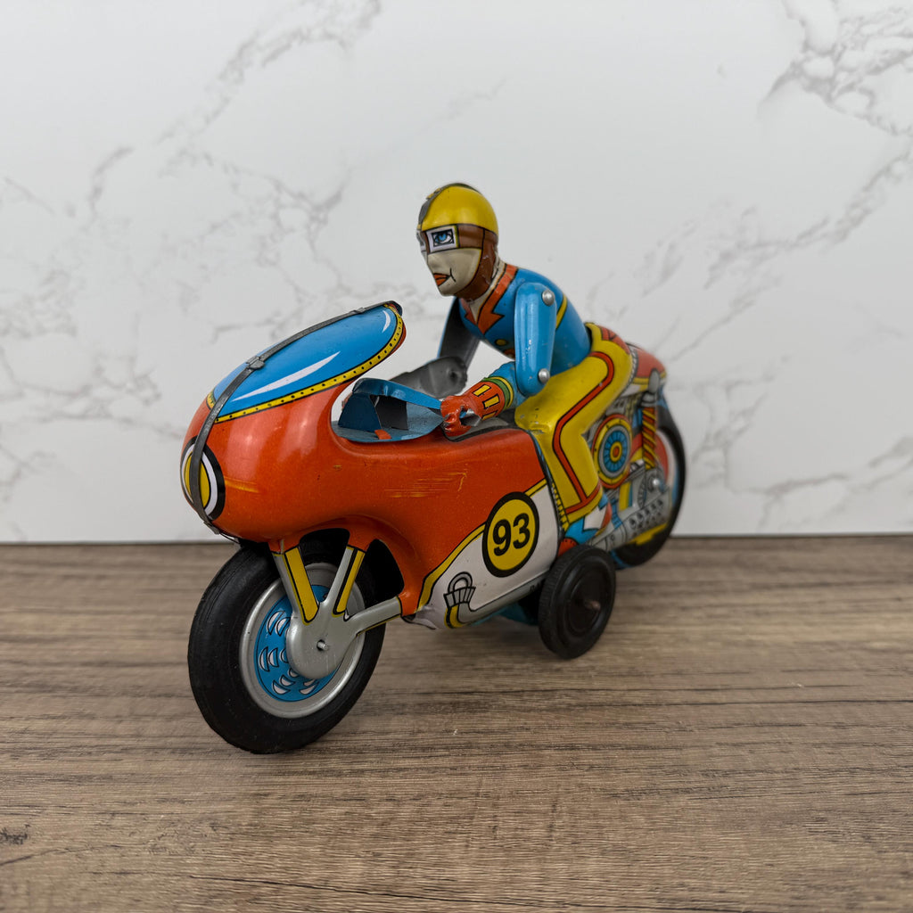 1970s Orient Exports Tin Motorcycle, Working Vintage Toy