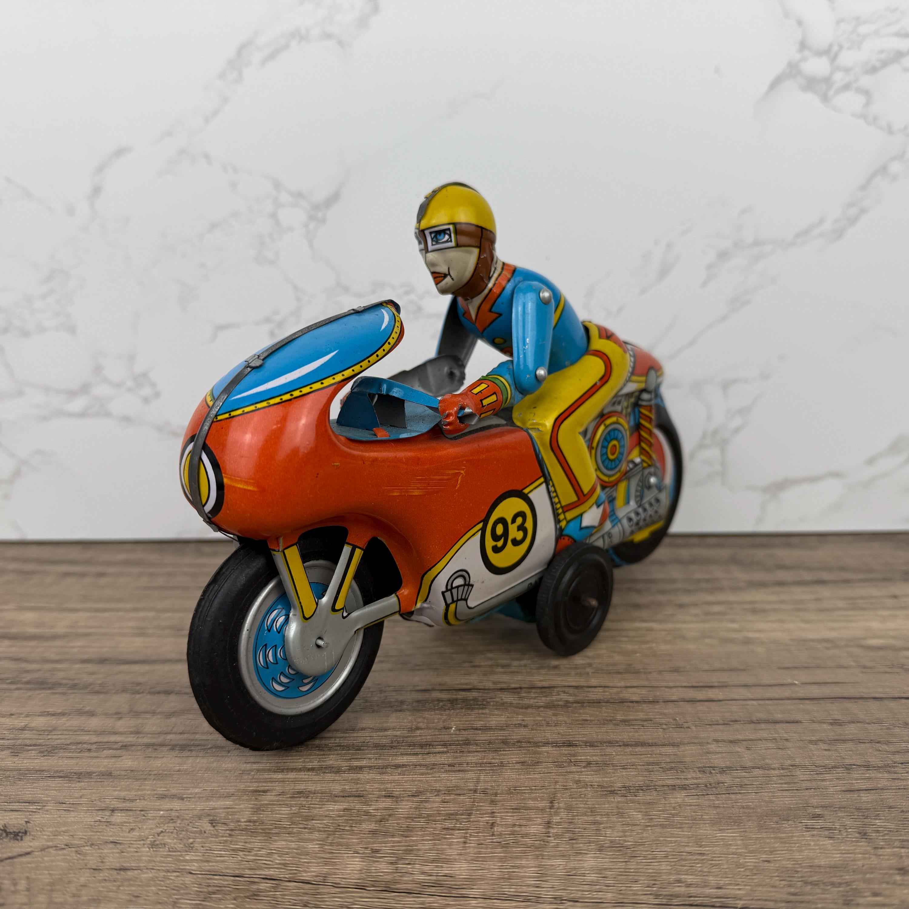 1970s Orient Exports Tin Motorcycle, Working Vintage Toy