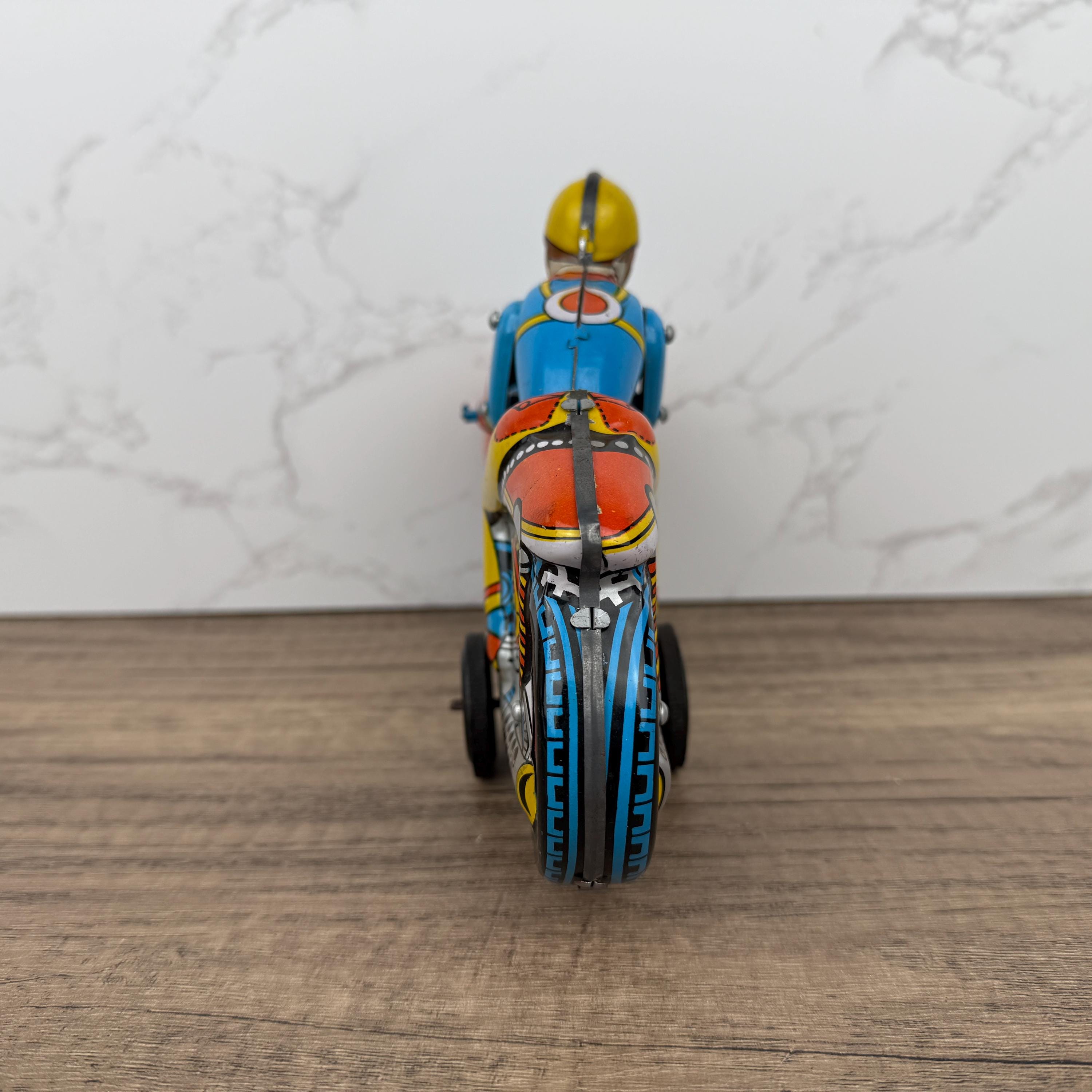 1970s Orient Exports Tin Motorcycle, Working Vintage Toy