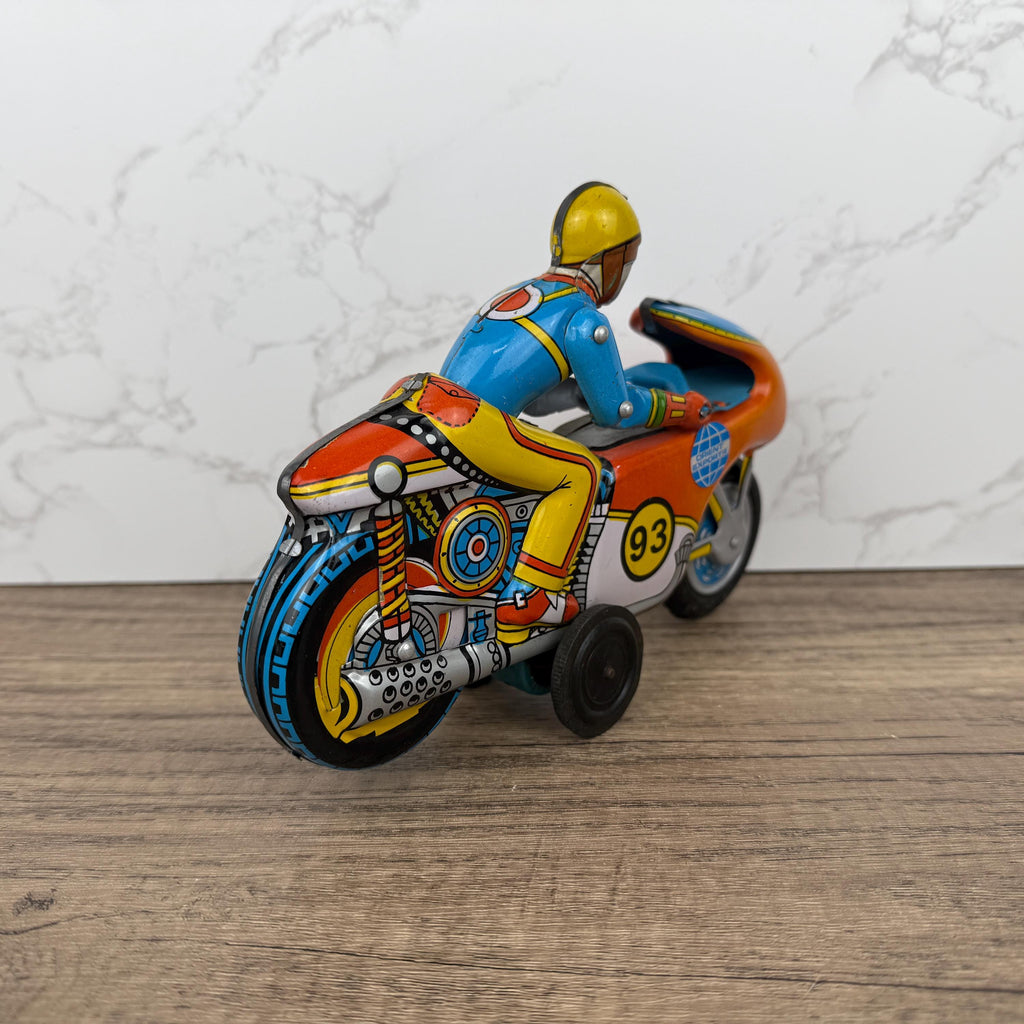 1970s Orient Exports Tin Motorcycle, Working Vintage Toy