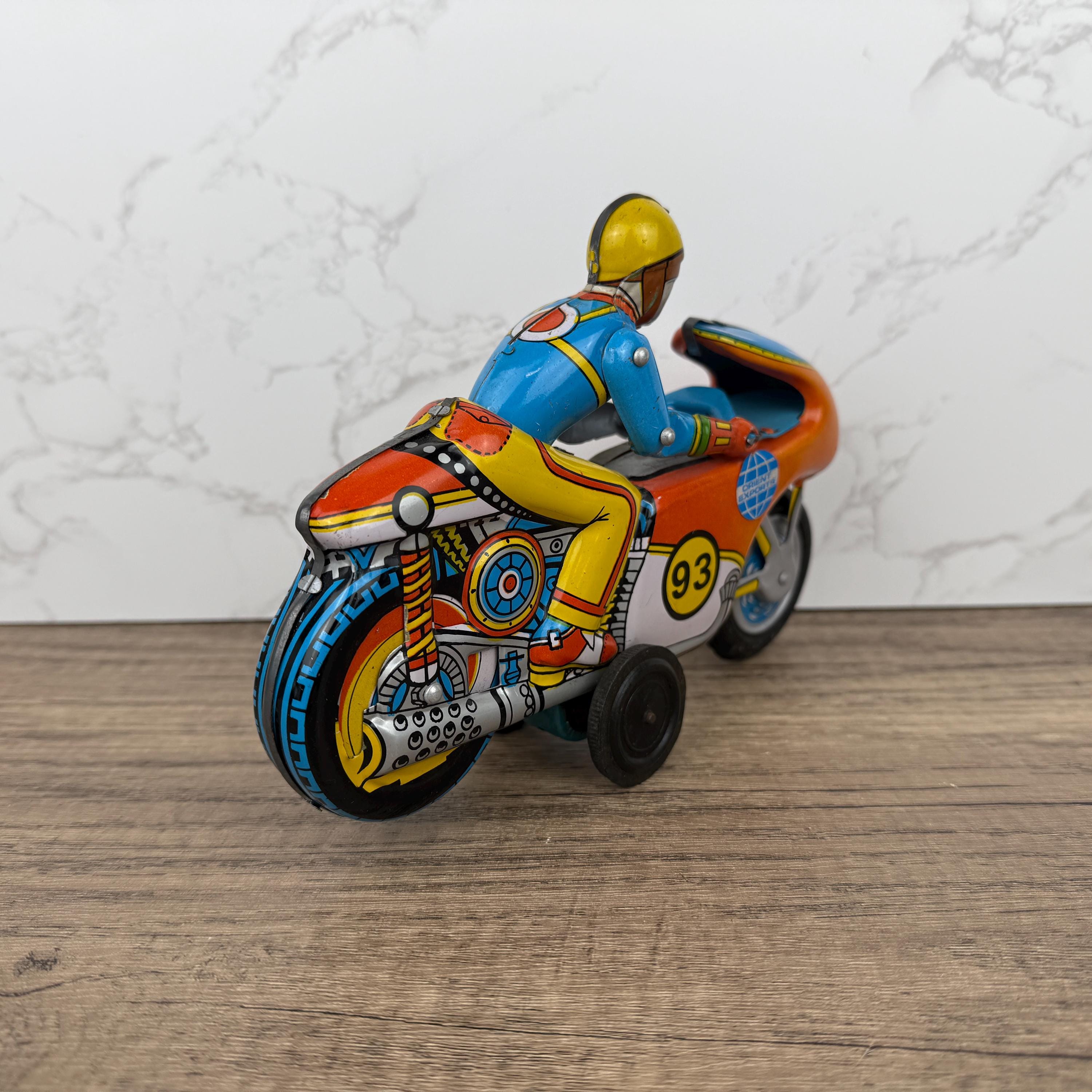 1970s Orient Exports Tin Motorcycle, Working Vintage Toy