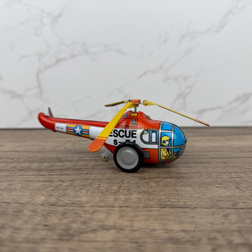 Vintage Tinplate Rescue Helicopter Toy, Retro Collectible (NO KEY)
