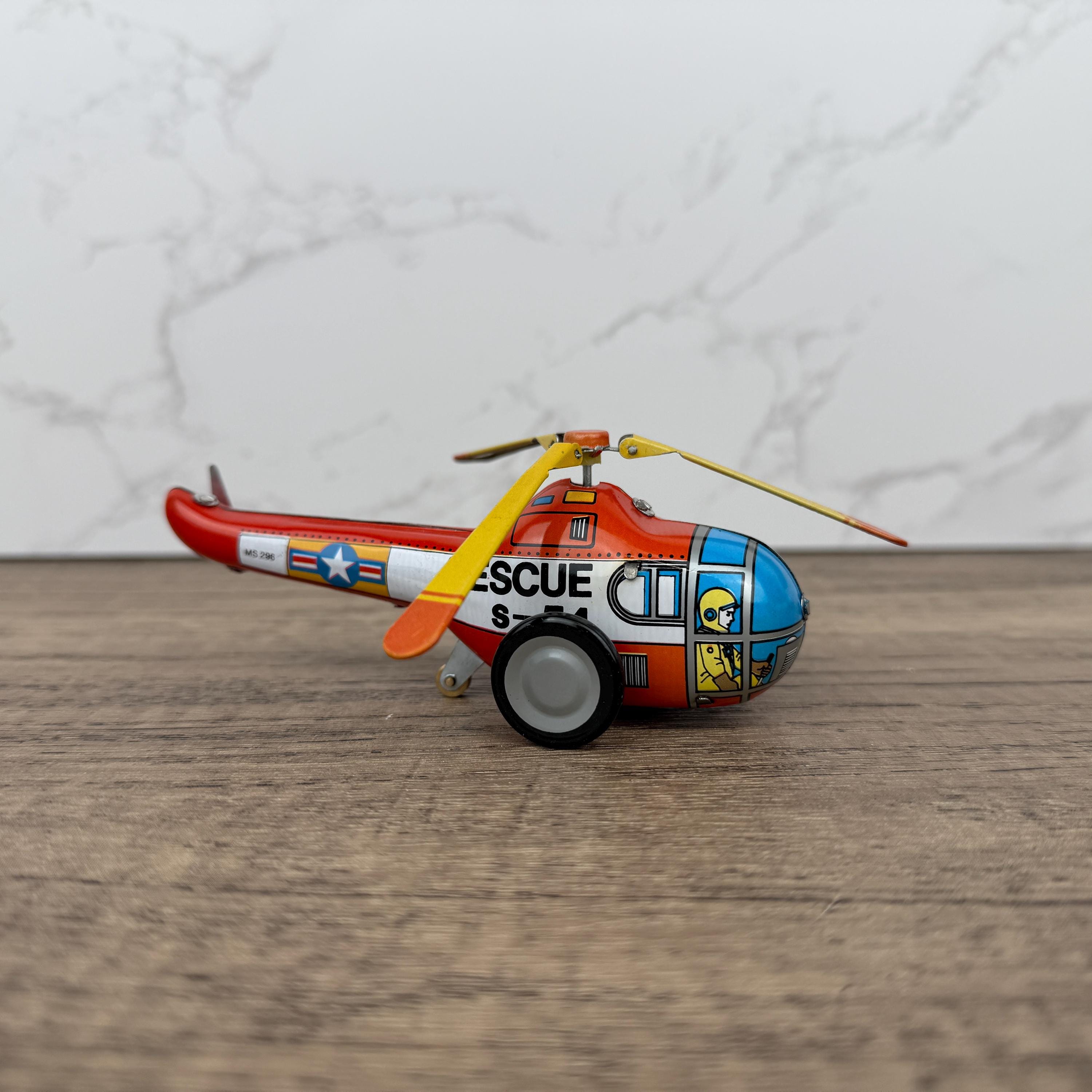 Vintage Tinplate Rescue Helicopter Toy, Retro Collectible (NO KEY)