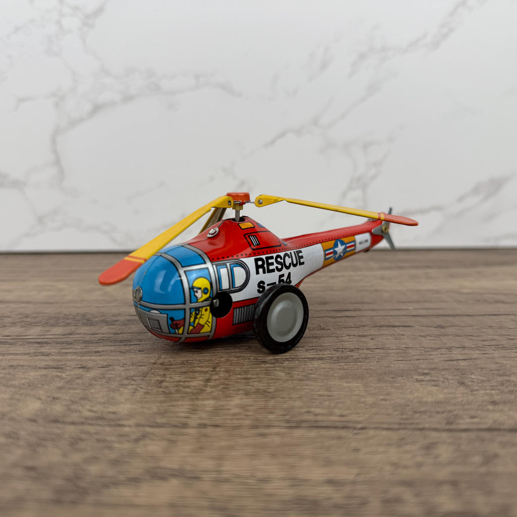 Vintage Tinplate Rescue Helicopter Toy, Retro Collectible (NO KEY)