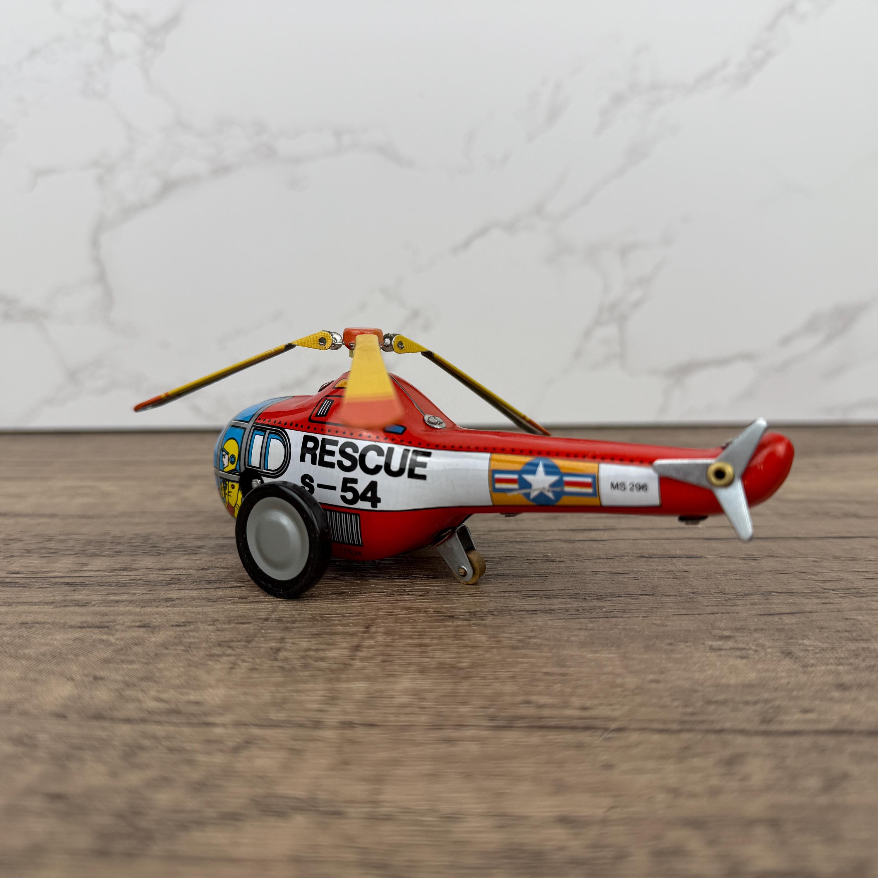 Vintage Tinplate Rescue Helicopter Toy, Retro Collectible (NO KEY)