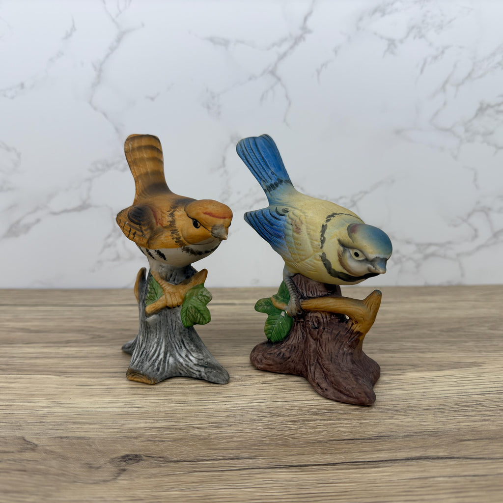 Vintage Hand-Painted Porcelain Bird Figurines, Wren and Blue Tit