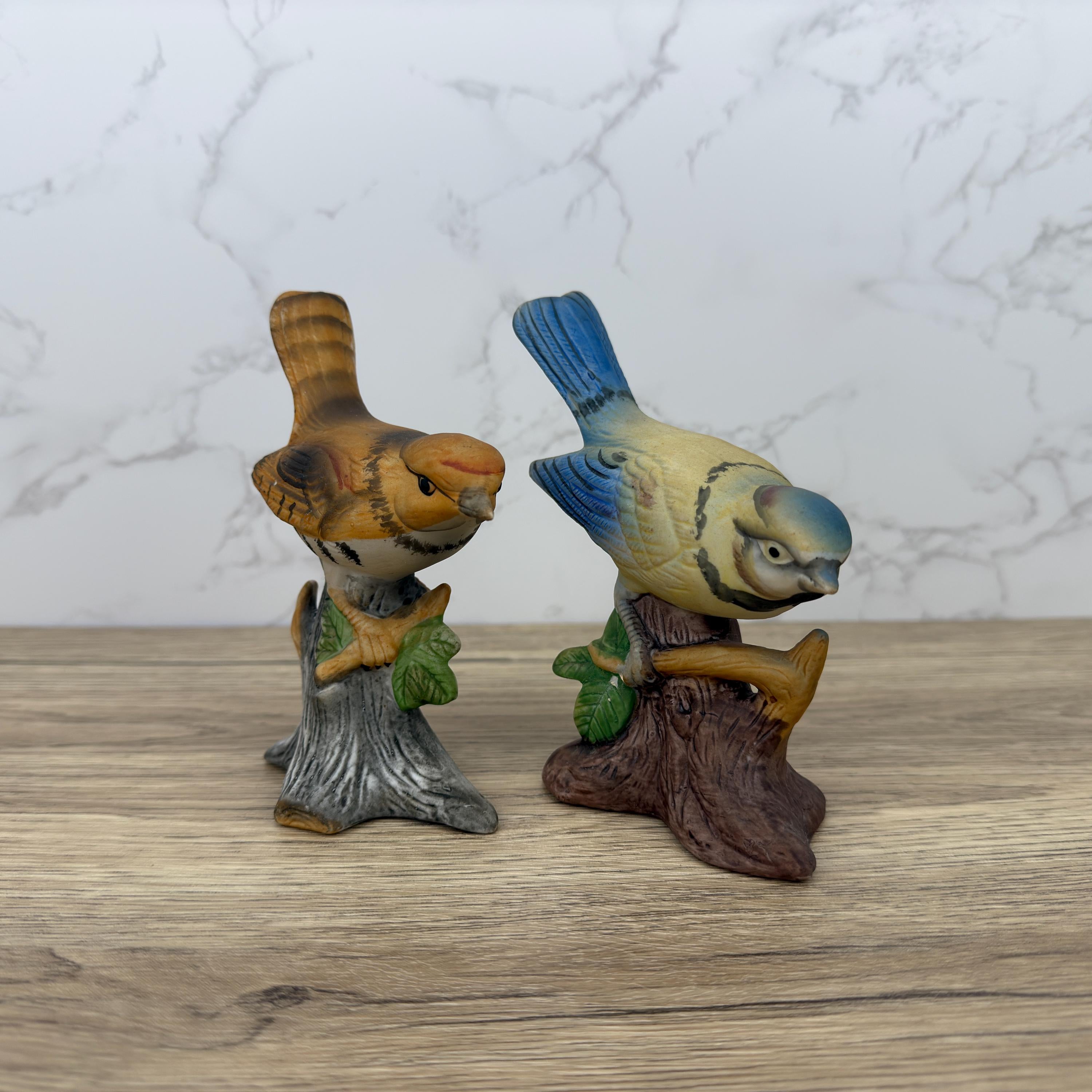 Vintage Hand-Painted Porcelain Bird Figurines, Wren and Blue Tit