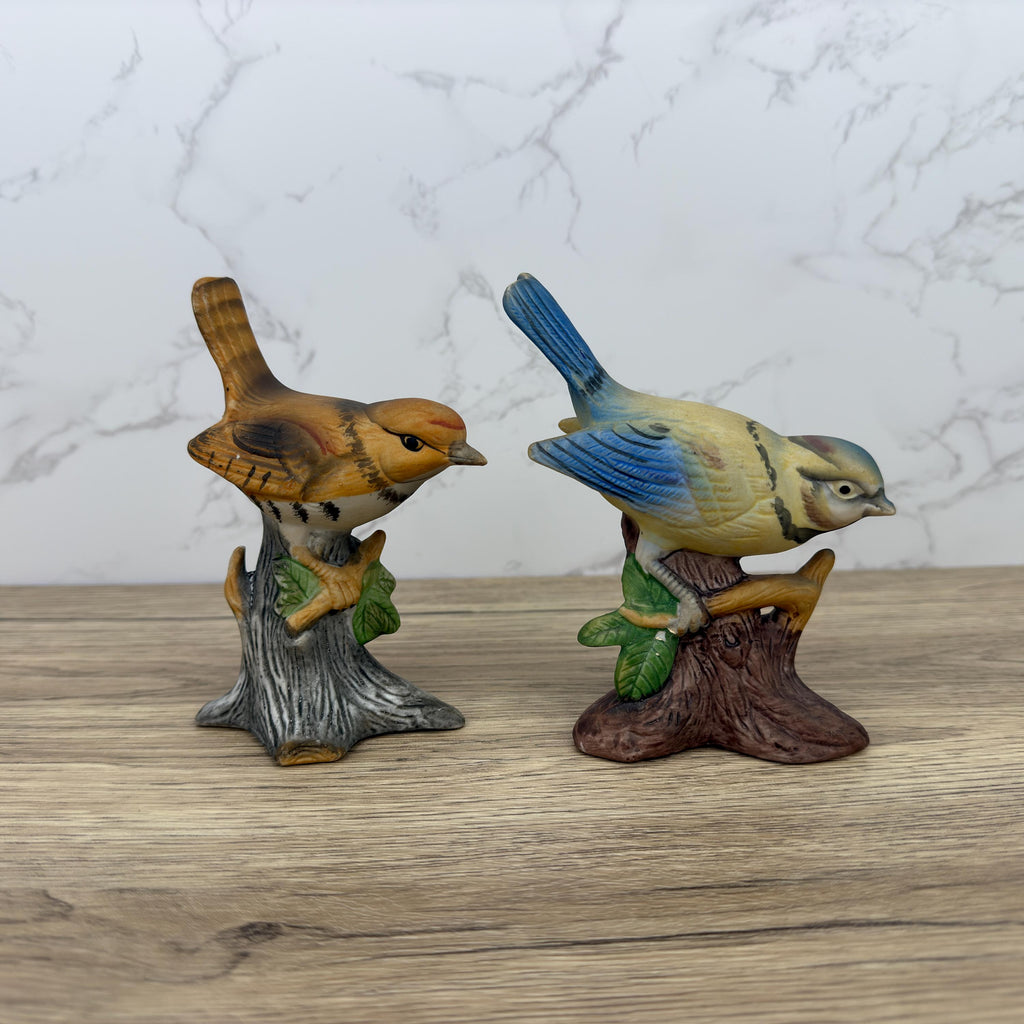 Vintage Hand-Painted Porcelain Bird Figurines, Wren and Blue Tit