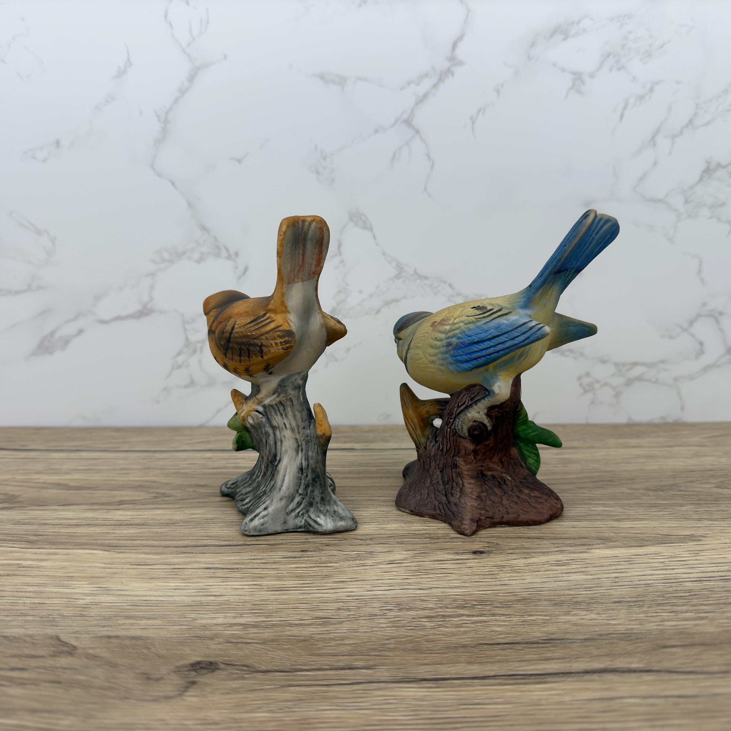 Vintage Hand-Painted Porcelain Bird Figurines, Wren and Blue Tit