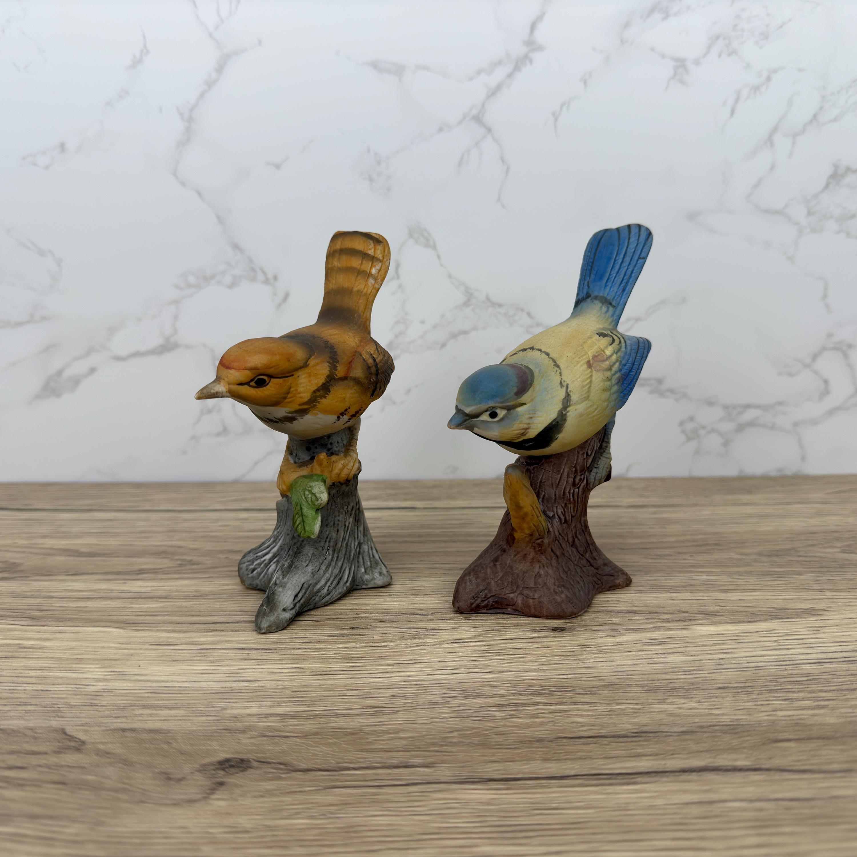 Vintage Hand-Painted Porcelain Bird Figurines, Wren and Blue Tit