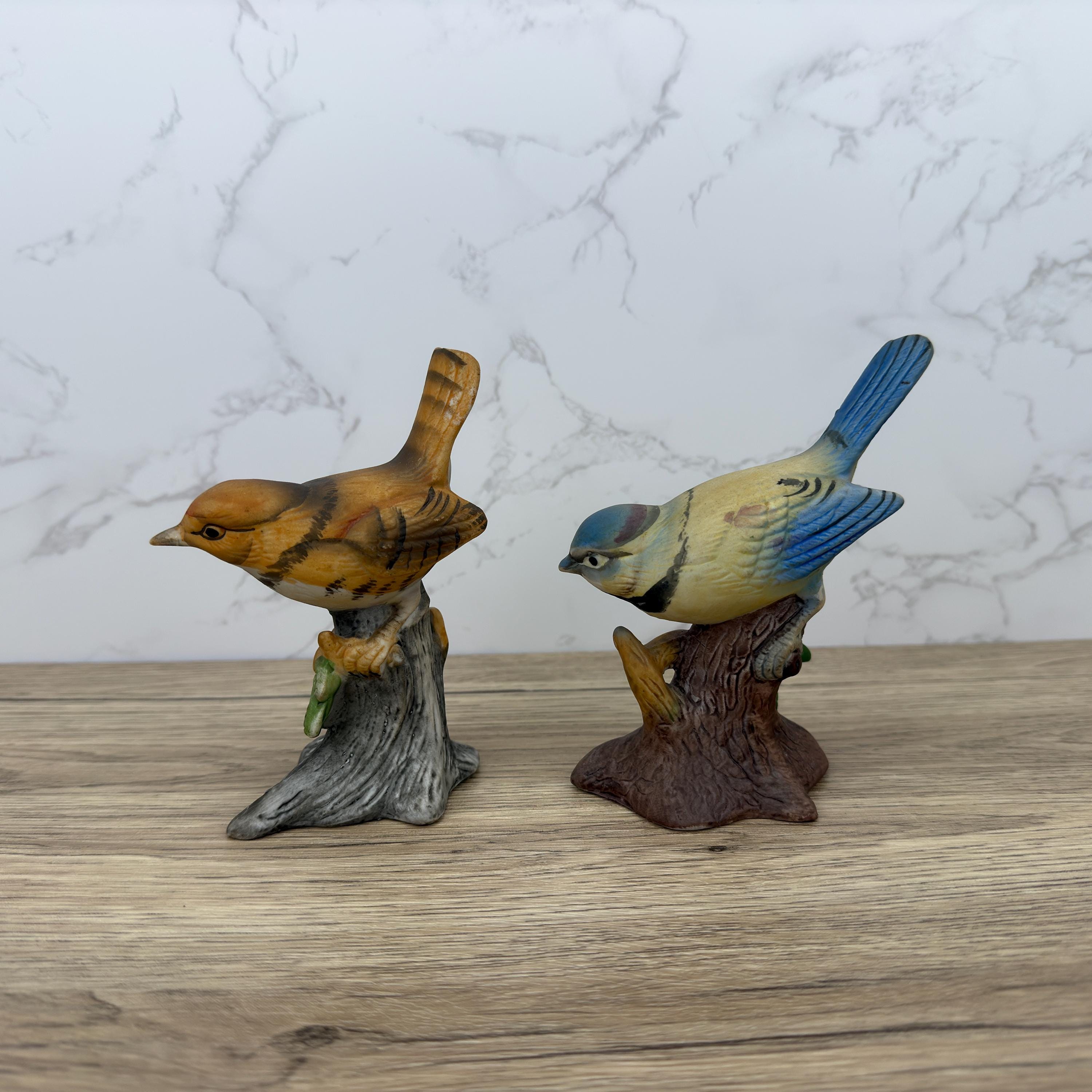 Vintage Hand-Painted Porcelain Bird Figurines, Wren and Blue Tit