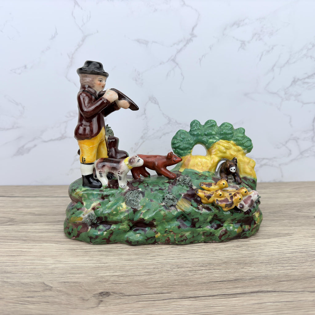 Vintage Staffordshire Style Flat Back, Hunting Scene Ornament (REPAIRED)