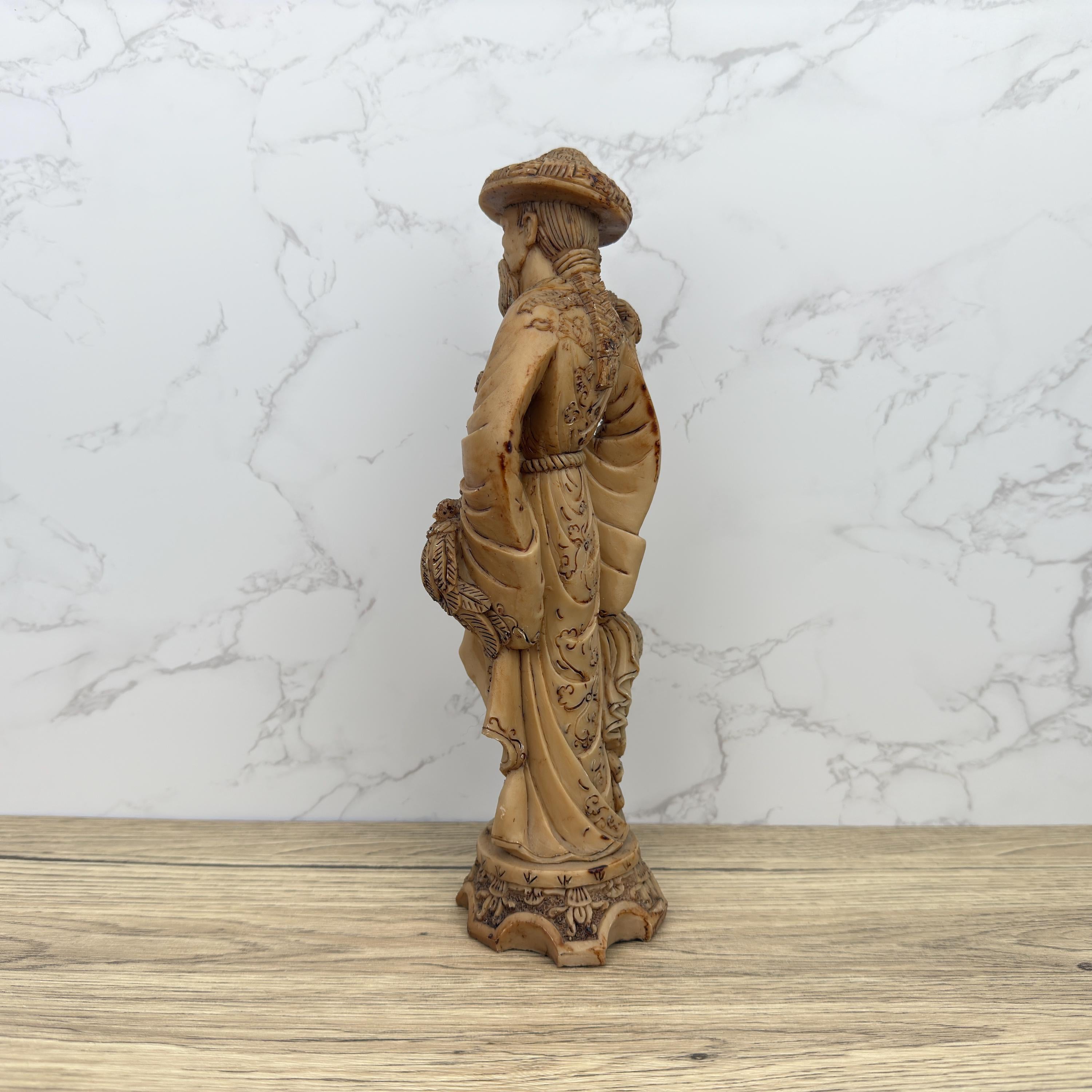 Antique Faux Ivory Chinese Emperor Statue, Carved Resin Figurine